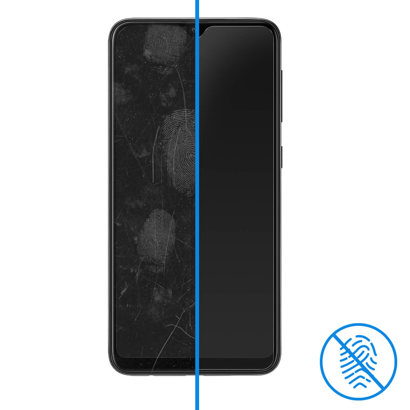 Een telefoonscherm, half schoon en half vies, met een vingerafdrukpictogram.