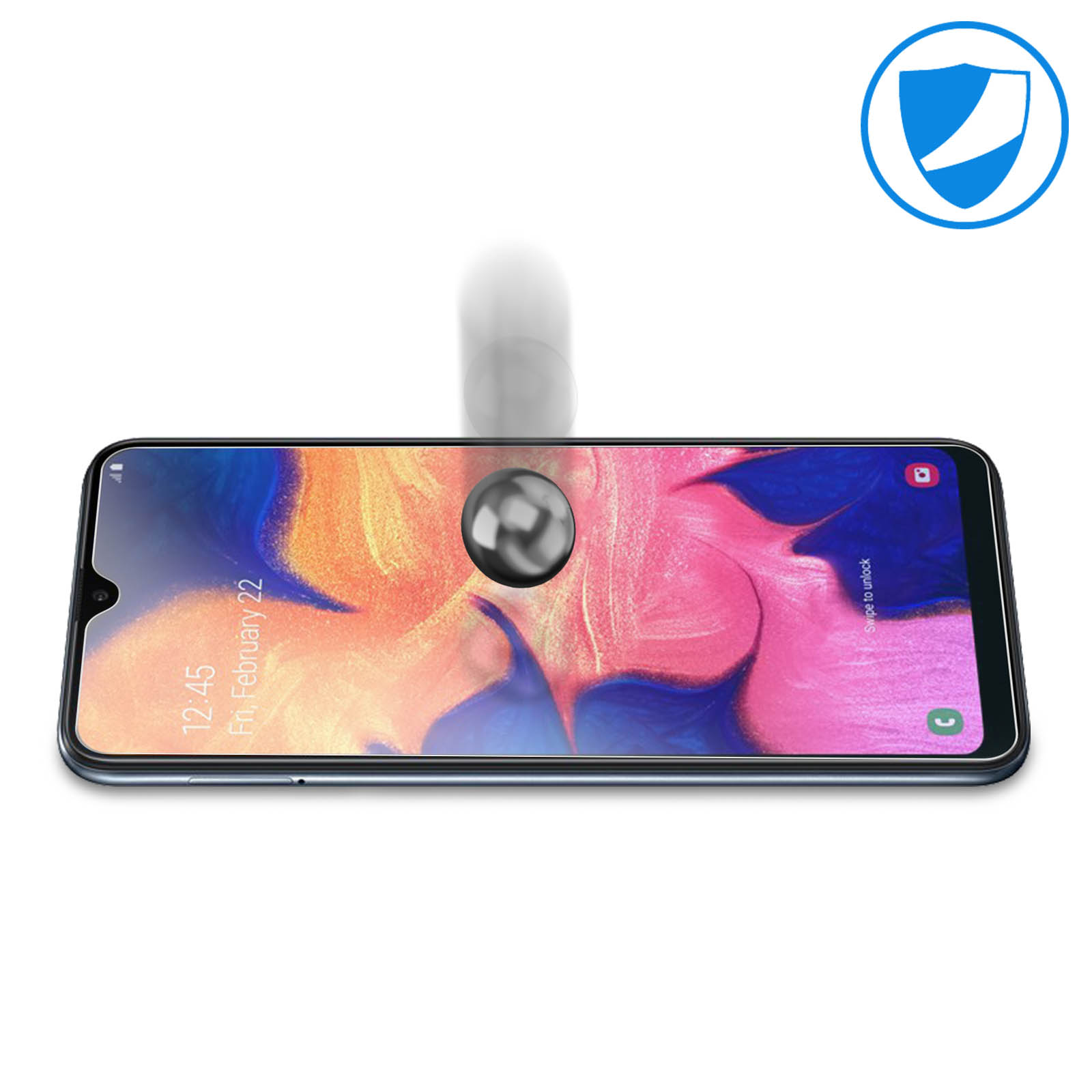 Telefoonscherm bedekt met glasbeschermer. Bal valt. Schildpictogram rechts.