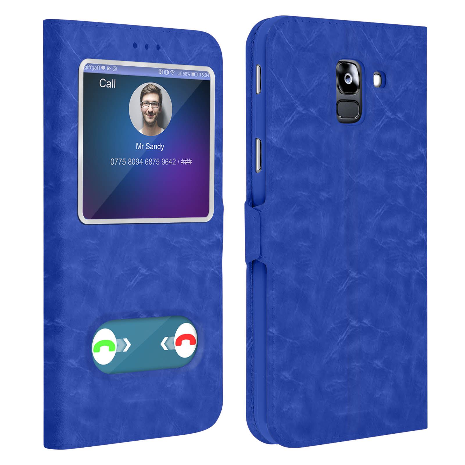 Custodia blu per telefono con schermo che mostra un'interfaccia di chiamata.