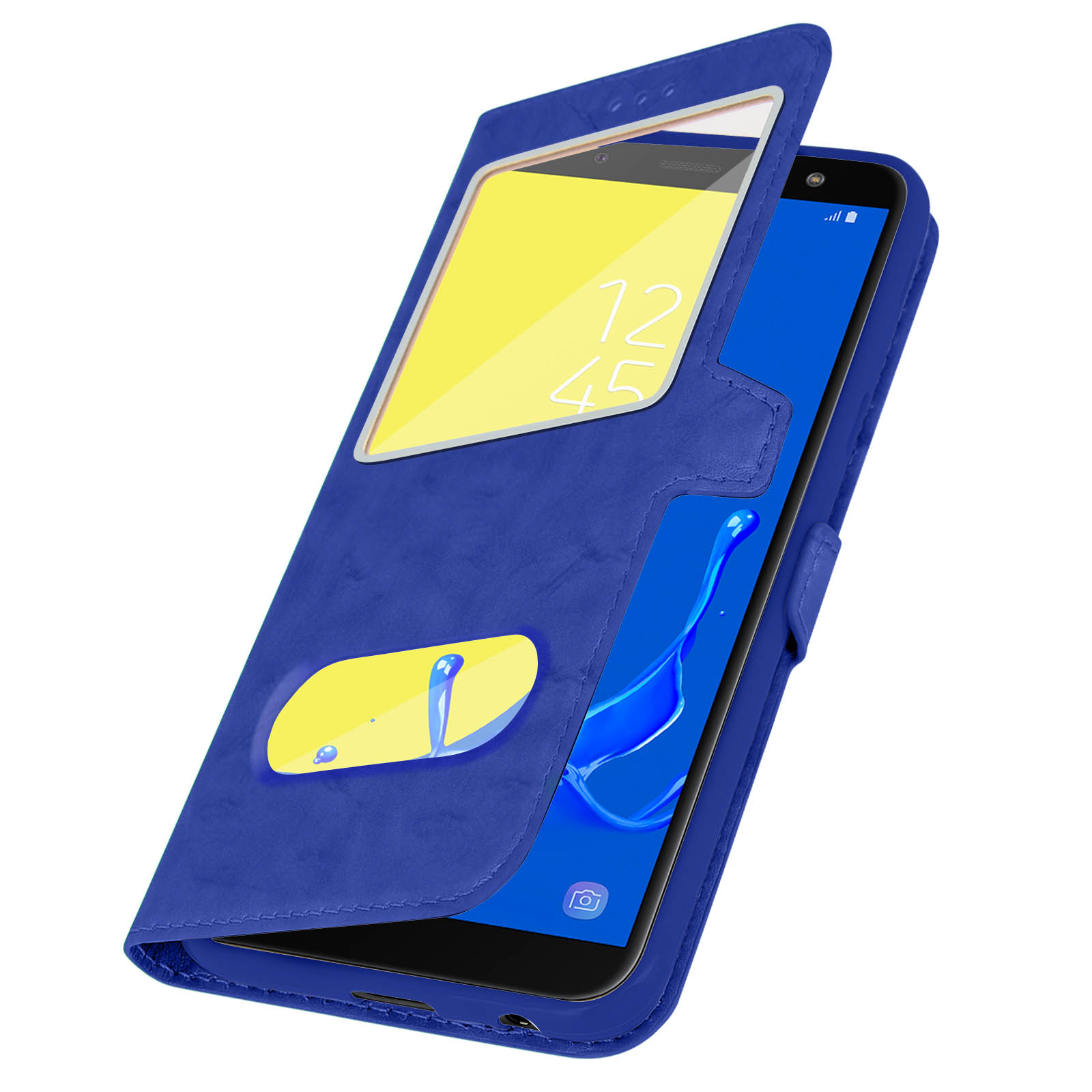 Custodia blu per telefono con cover a ribalta. Lo schermo mostra l'ora, e una finestra gialla è visibile.