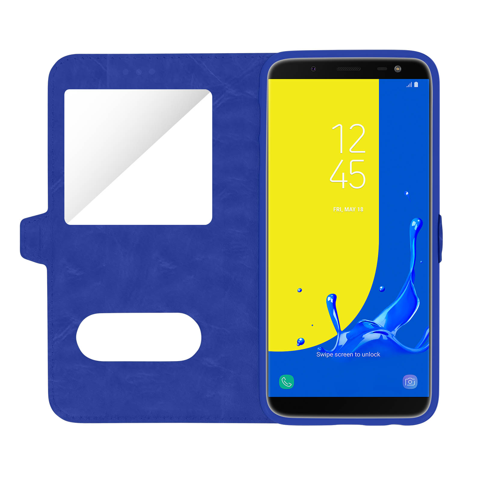 Custodia blu per telefono, aperta, con un telefono che mostra uno schermo giallo e blu e un'indicazione dell'ora.