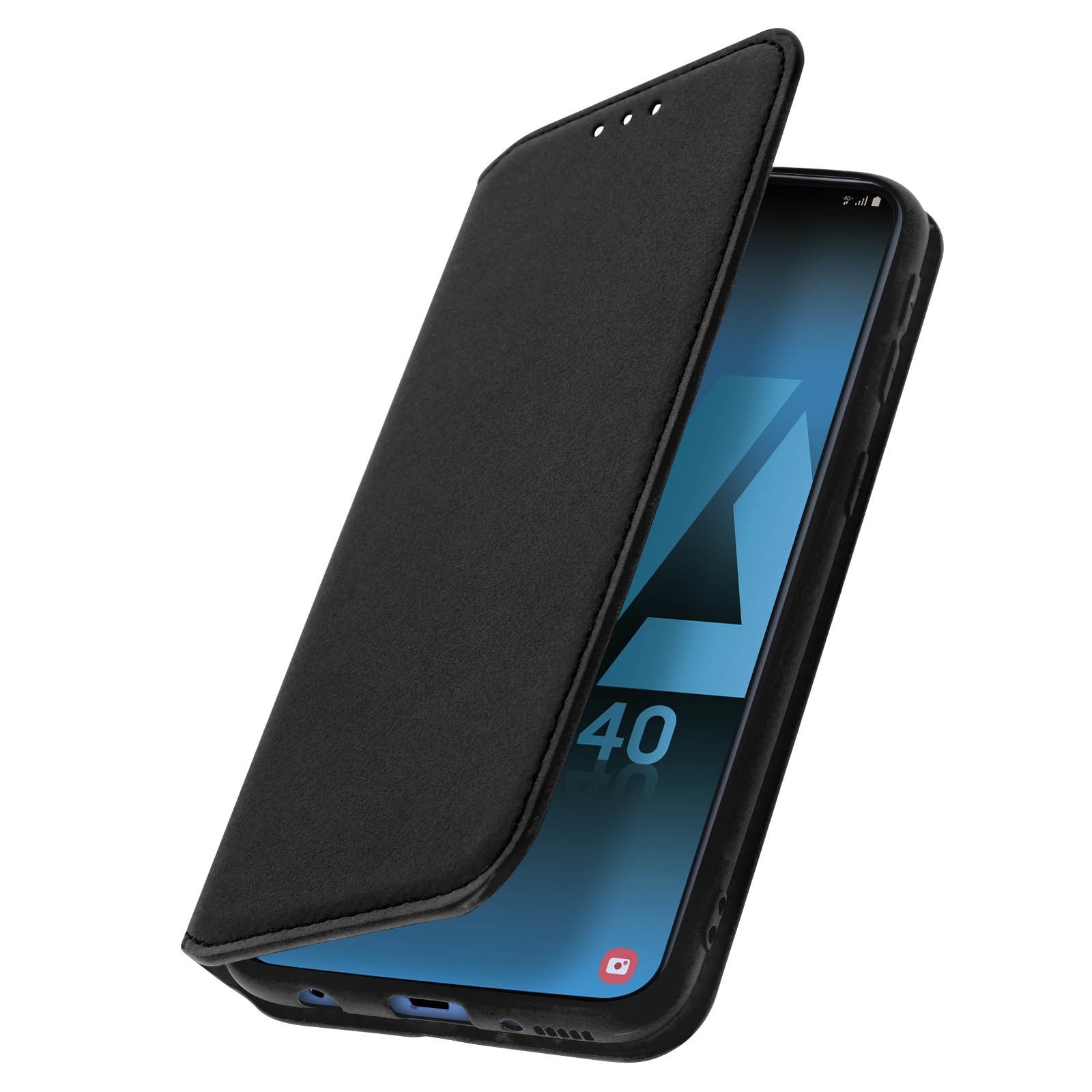 Un étui de téléphone noir, partiellement ouvert. Le téléphone affiche un affichage numérique avec des chiffres.