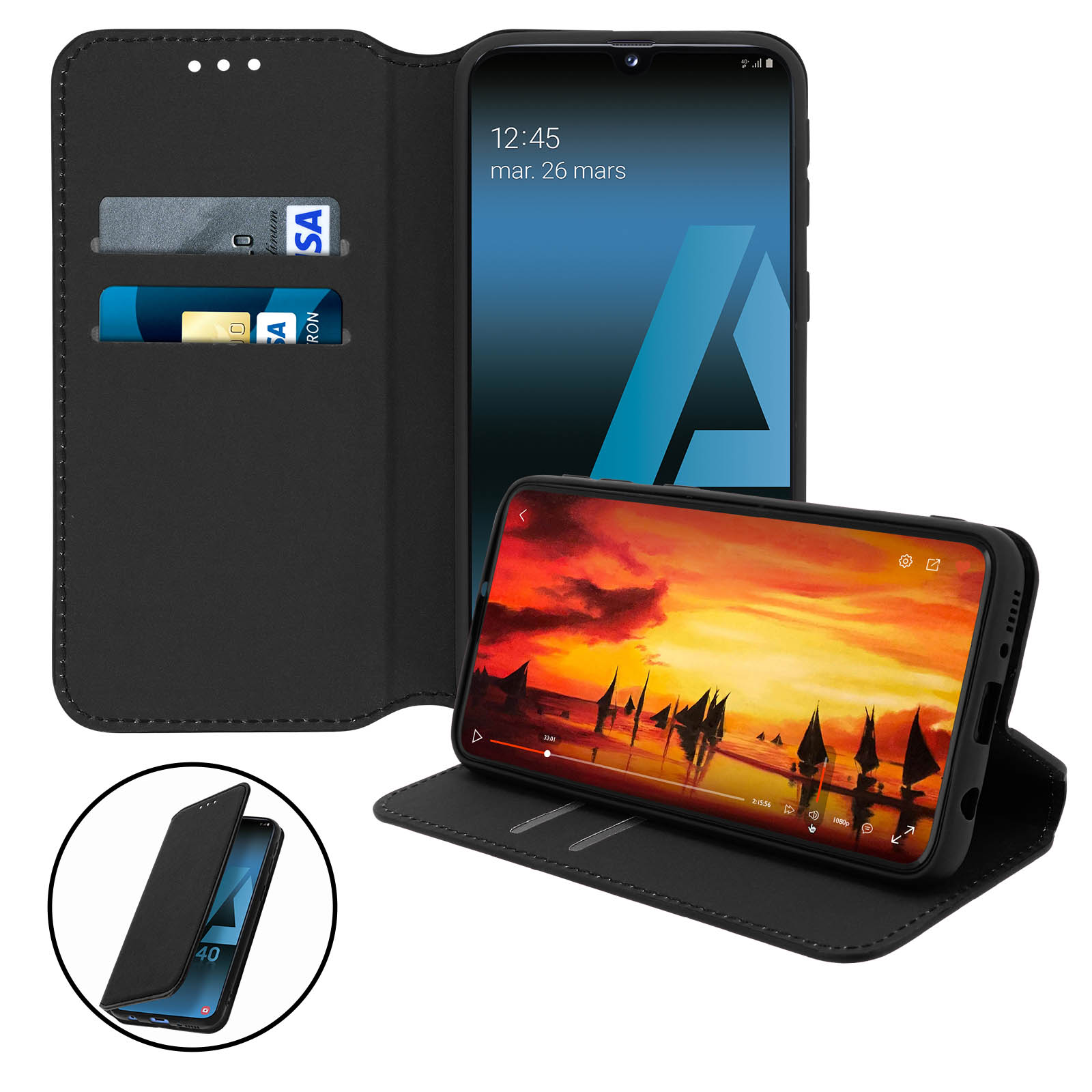 Téléphone dans étui noir, montrant vidéo sur surface bois, avec cartes et identité.