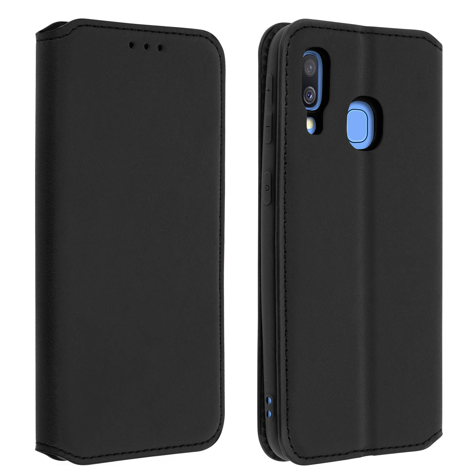 Une coque de téléphone noire, ouverte. Le téléphone est ouvert, montrant l'écran. La coque est noire.