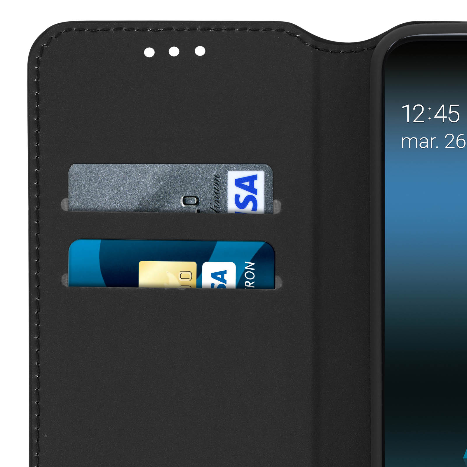 Coque de téléphone noire ouverte avec deux fentes pour cartes. Cartes de crédit dans les fentes.