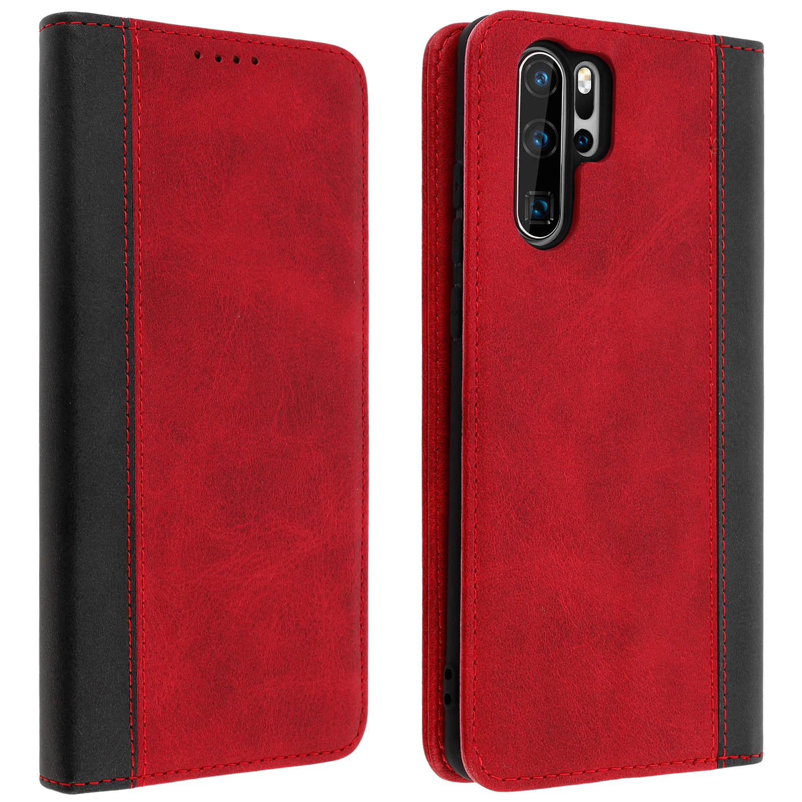 Custodia per telefono rossa e nera, aperta, con telefono. Similpelle con cuciture.