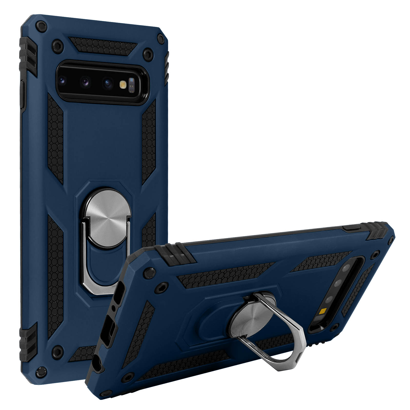 Due custodie per telefono blu scuro. Una in piedi, l'altra sdraiata, entrambe con un anello.