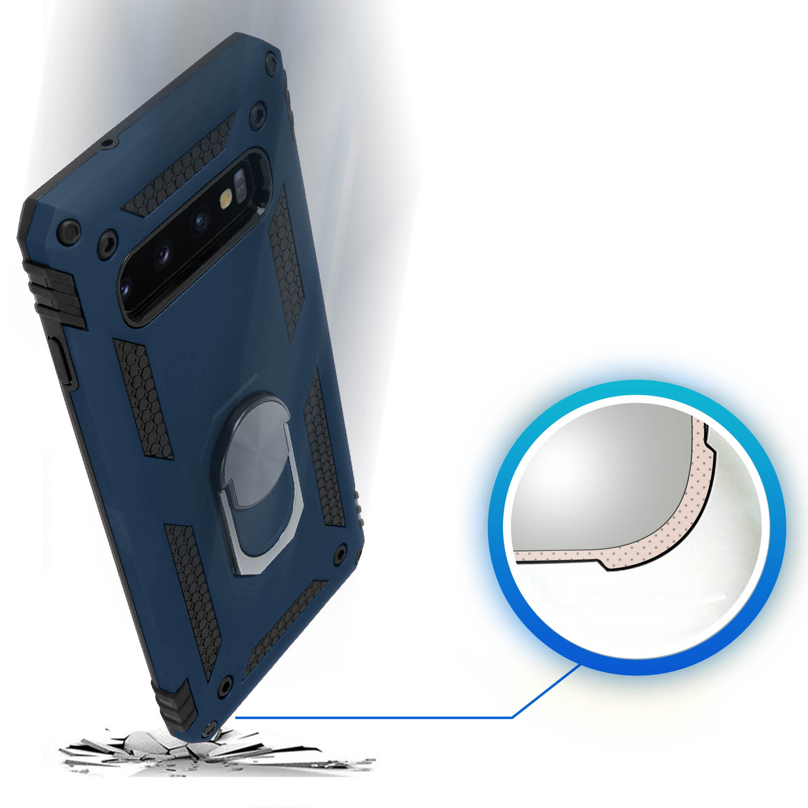 Custodia blu per telefono con anello e un diagramma che mostra la sua struttura interna.