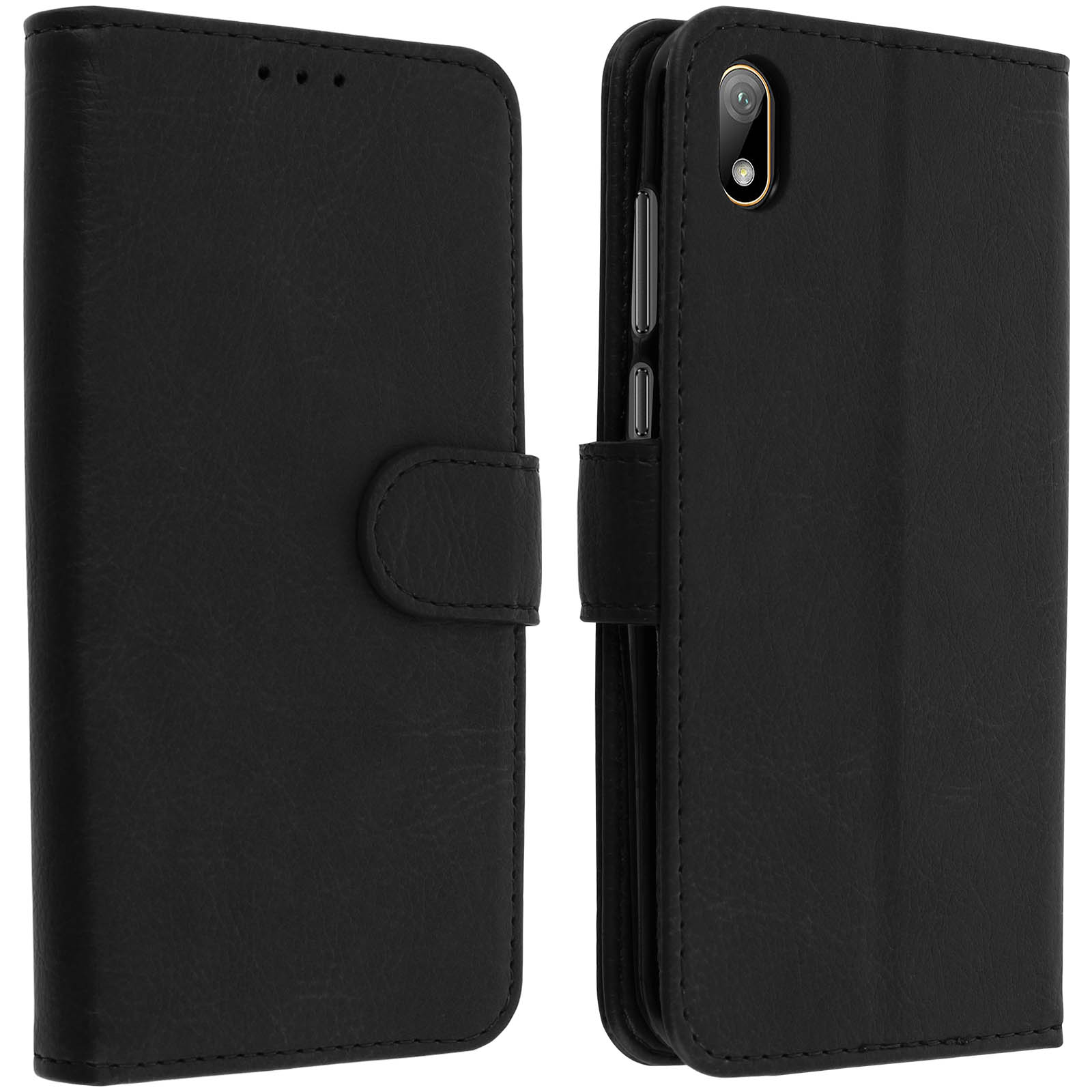 Custodia nera per telefono, aperta, che rivela un telefono con schermo visibile.