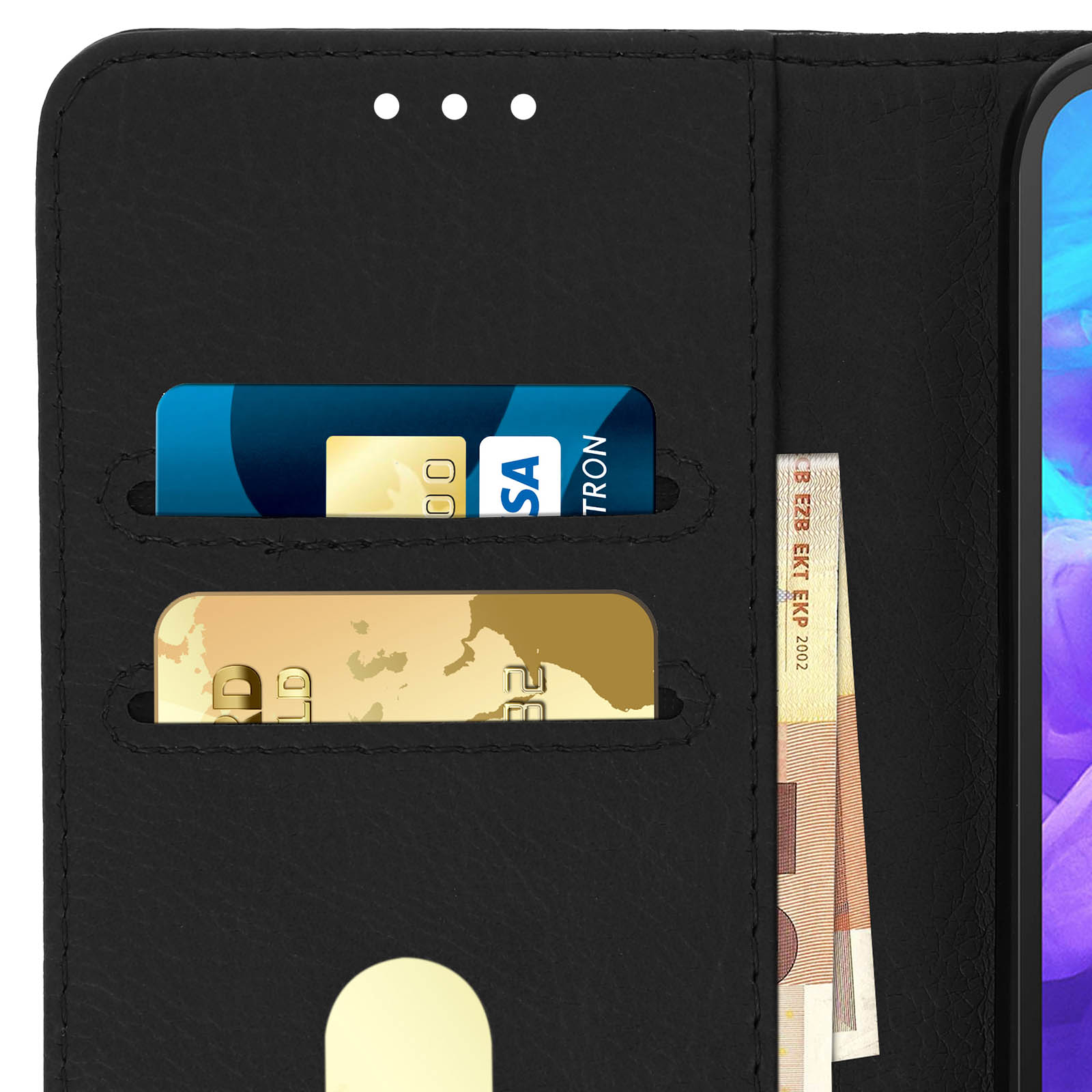 Custodia per telefono nera con fessure per carte e denaro. Custodia aperta che mostra le carte.
