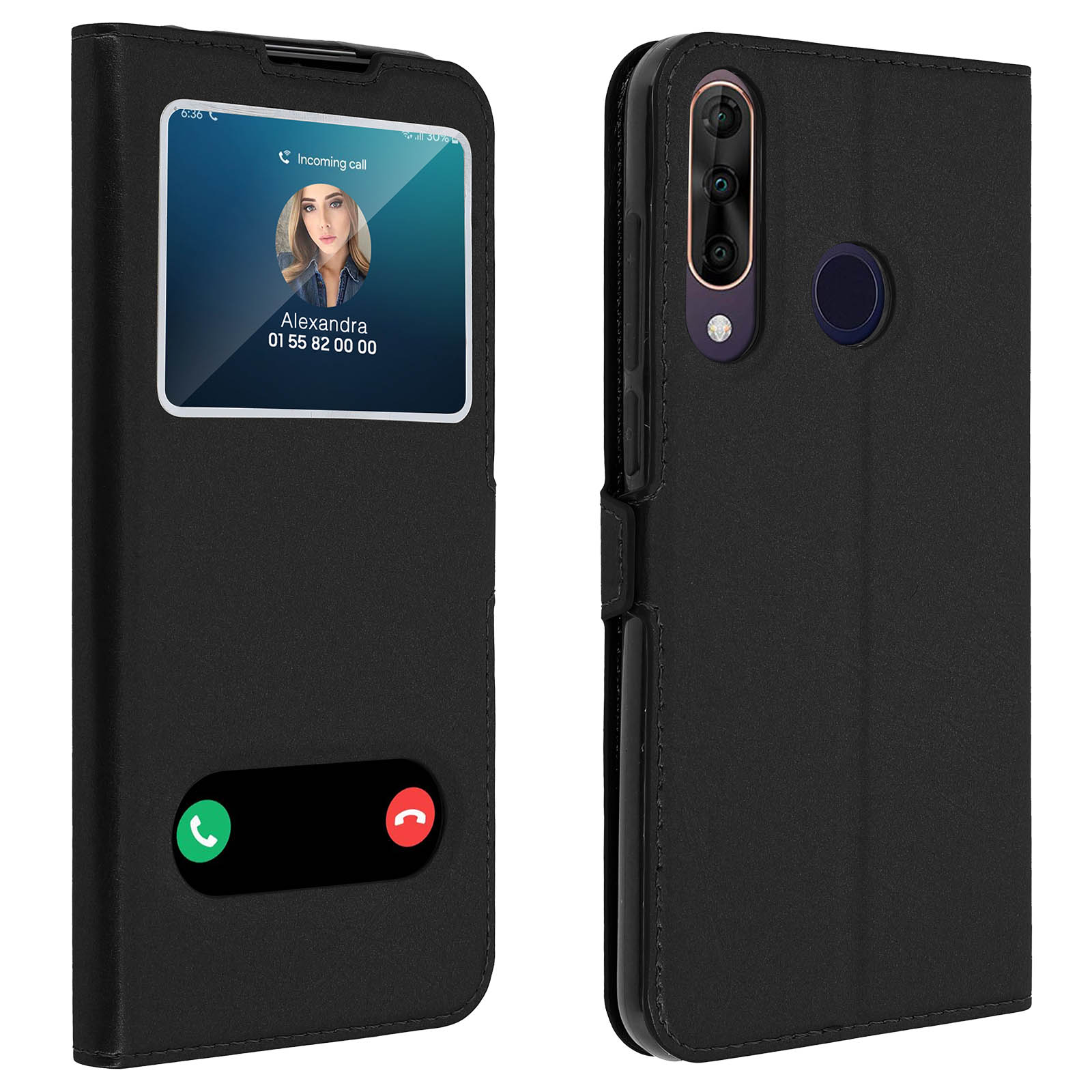 Étui de téléphone noir montrant un appel entrant sur l'écran.