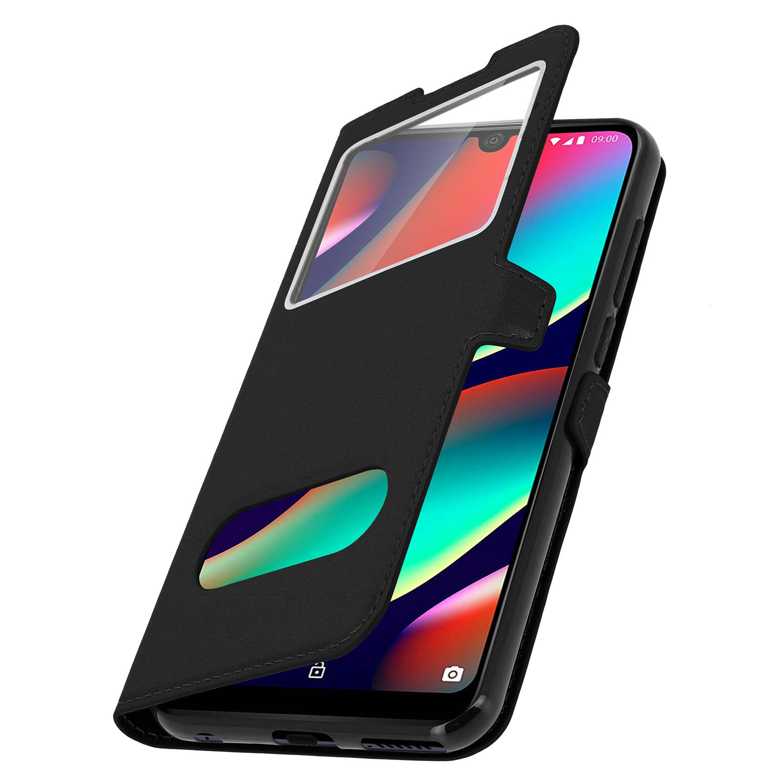 Coque de téléphone noire avec fenêtre transparente. Téléphone visible avec écran allumé.