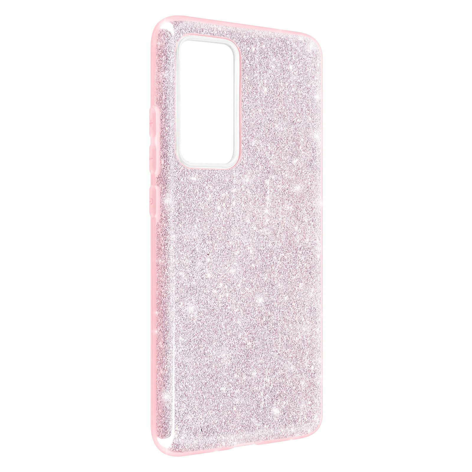 Custodia rosa per telefono con glitter. La custodia ha una superficie liscia e glitterata. L'intaglio della fotocamera del telefono è visibile.
