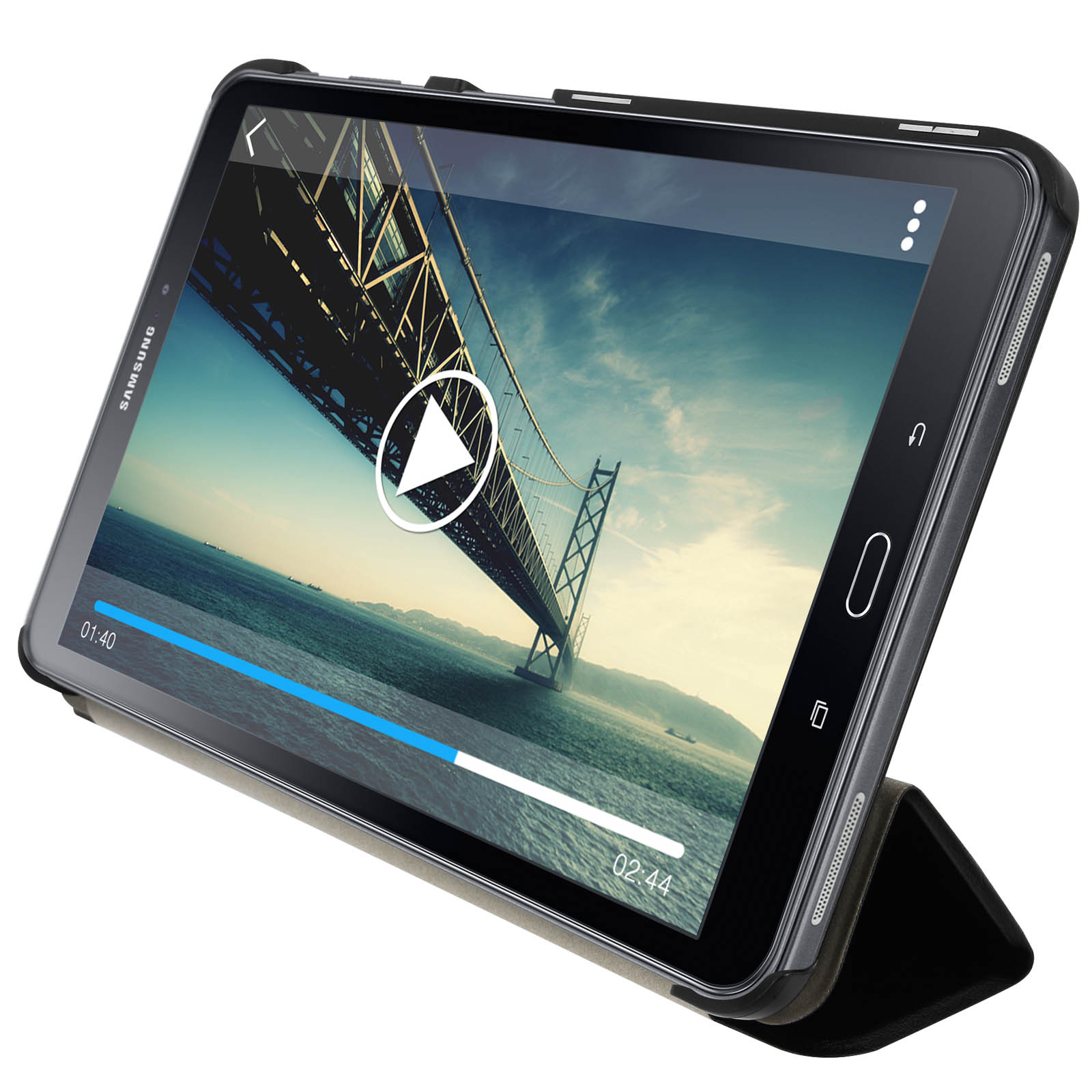 Tablet in una custodia, con un video in riproduzione sullo schermo.