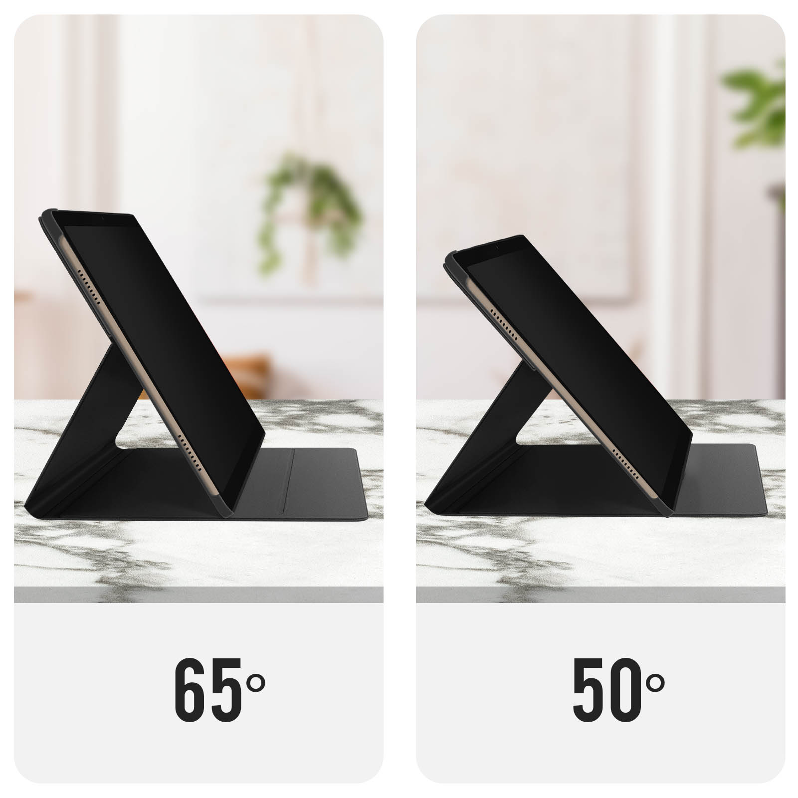 Dwa tablety z osłonami, podparte pod różnymi kątami. Kąty wynoszą 65 i 50 stopni.