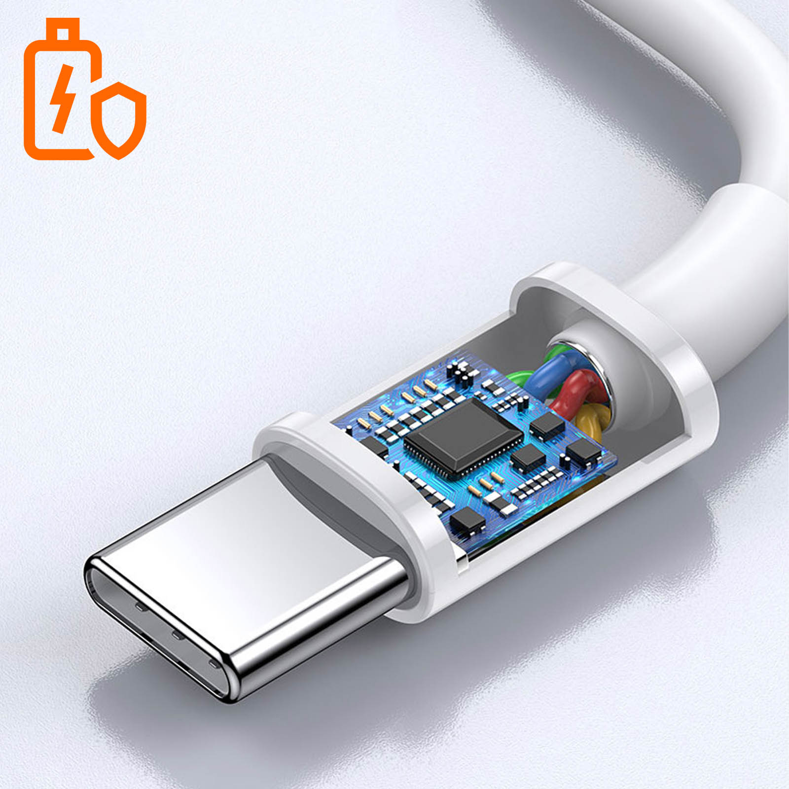 Nahaufnahme eines USB-C-Kabels, das die inneren Komponenten und ein Ladesymbol zeigt.