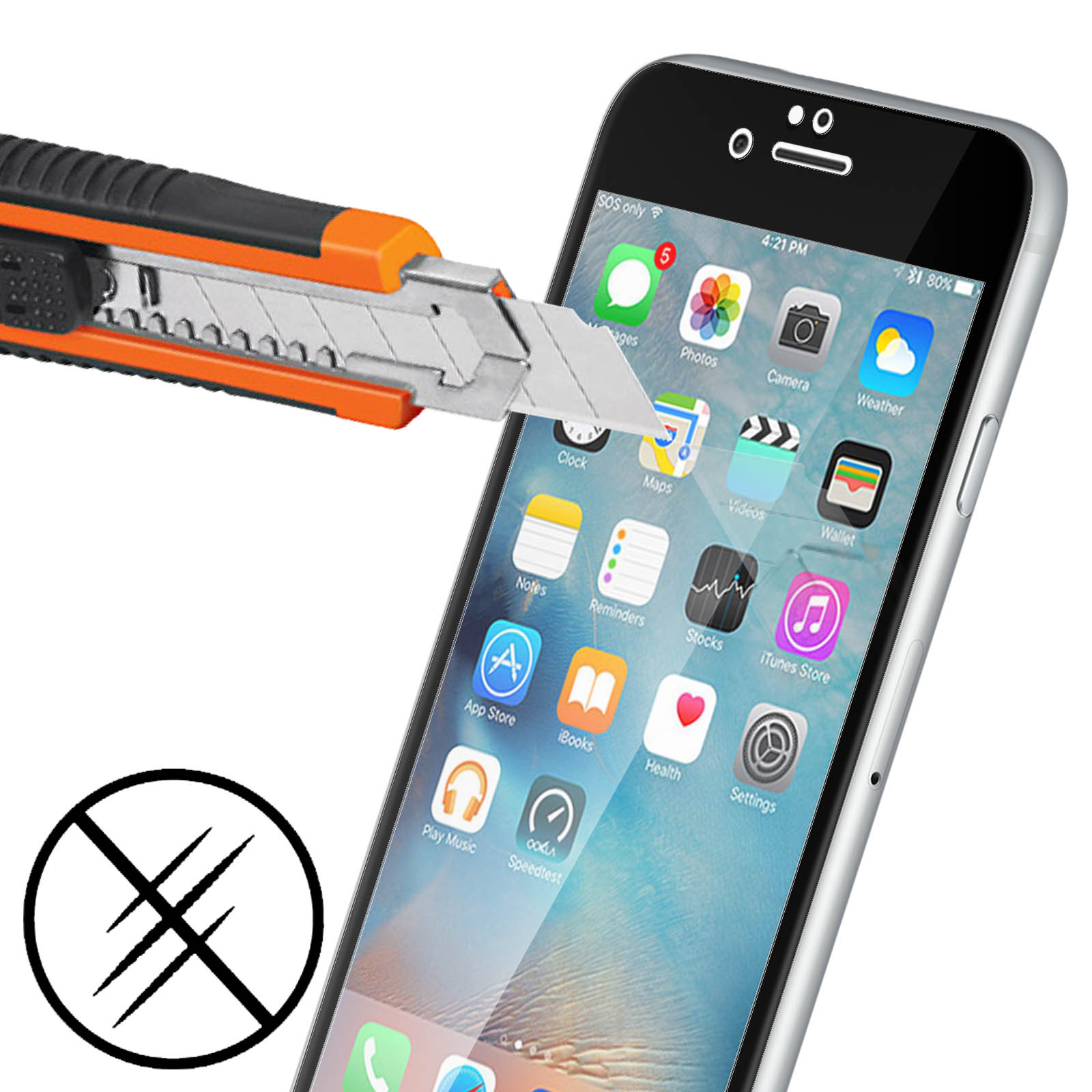 Un taglierino taglia lo schermo di un telefono. Un'icona antigraffio è presente. Icone delle app.