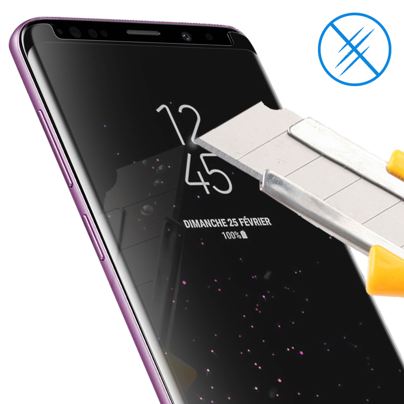 Smartphone con protezione schermo tagliata da un taglierino con icona antigraffio.