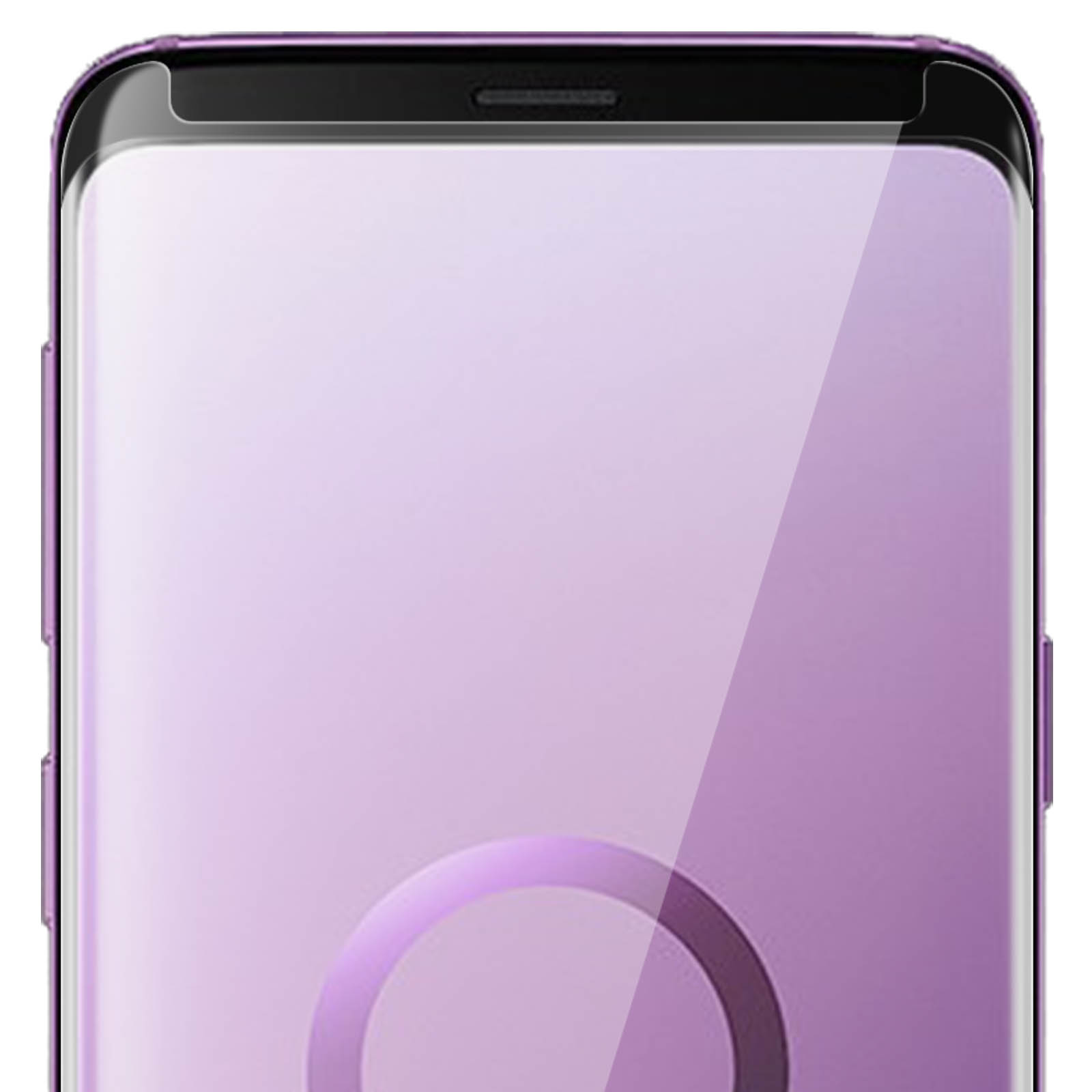Un primo piano di un telefono con protezione schermo. Lo schermo è una sfumatura viola.
