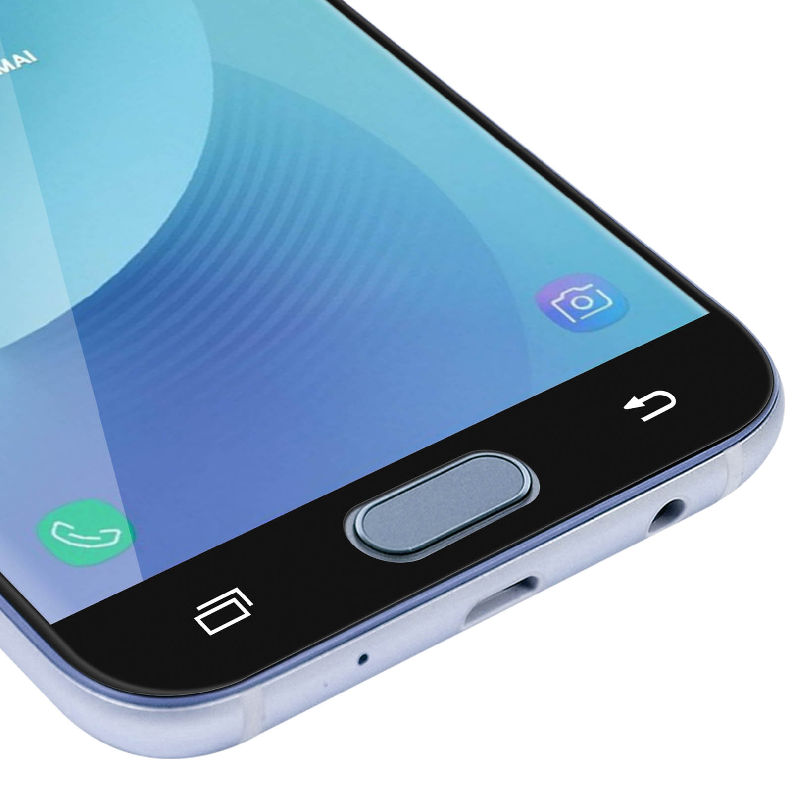 Primer plano de un smartphone. Muestra la pantalla, un botón de inicio y botones táctiles en el borde inferior. La pantalla muestra un degradado azul.