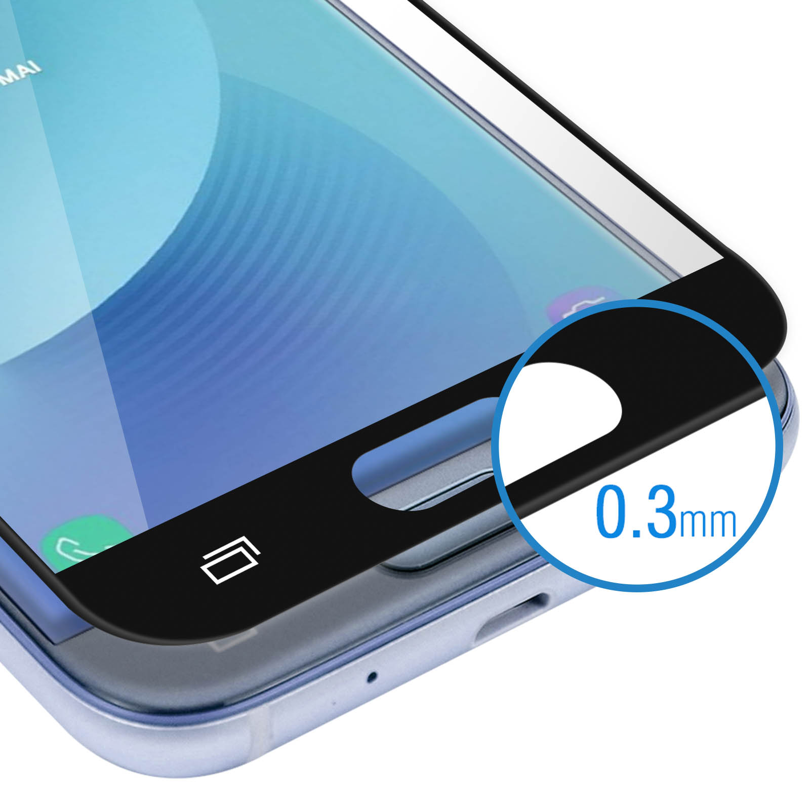 Una pantalla de teléfono con protector negro. Un círculo azul muestra 0,3 mm. La pantalla muestra la palabra 'MAI' e iconos abajo.