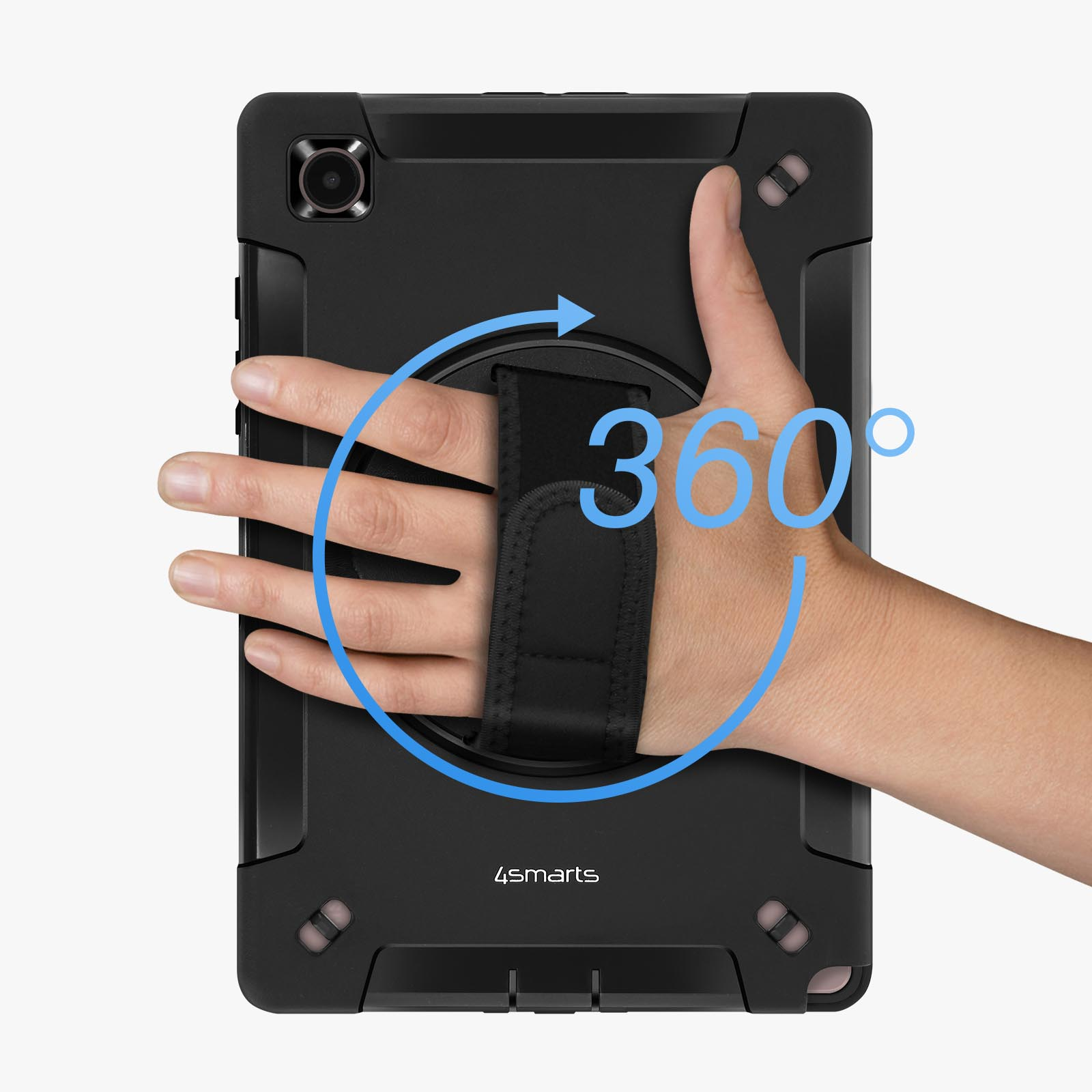 Tablet in schwarzem Gehäuse mit drehbarem Riemen und Hand, die es zeigt.