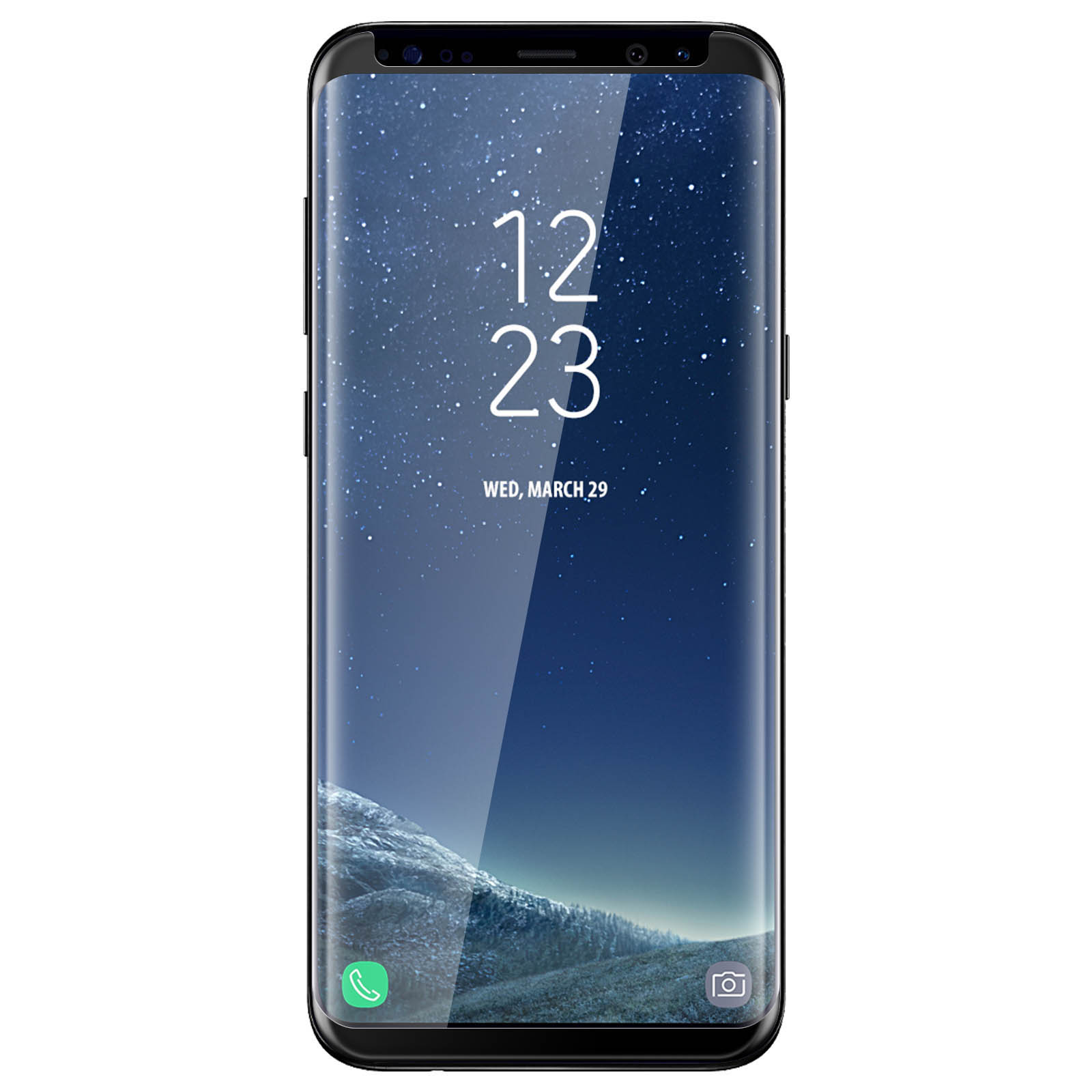 Smartphone con data e ora. Cornice nera. Lo schermo mostra le stelle.