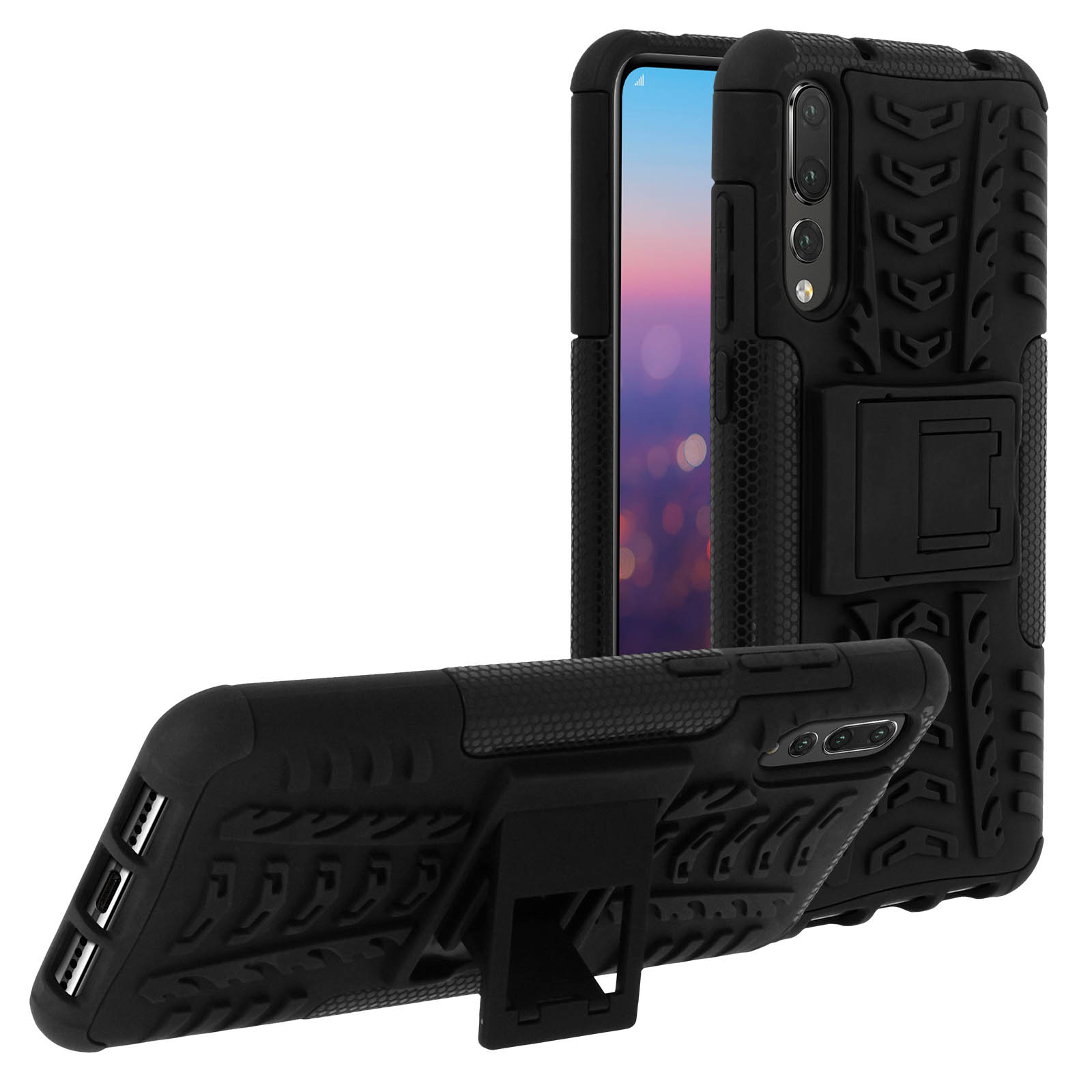 Custodia per telefono nera con supporto. Design robusto. Sfondo bianco.
