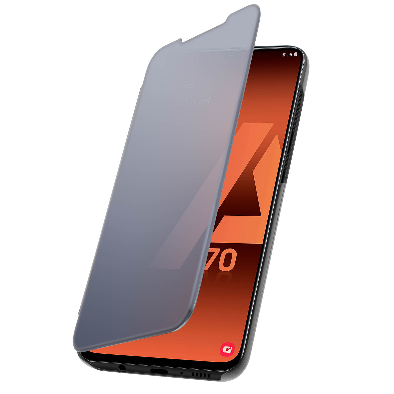 Telefono con cover aperta. La cover è trasparente. Il telefono mostra la data.
