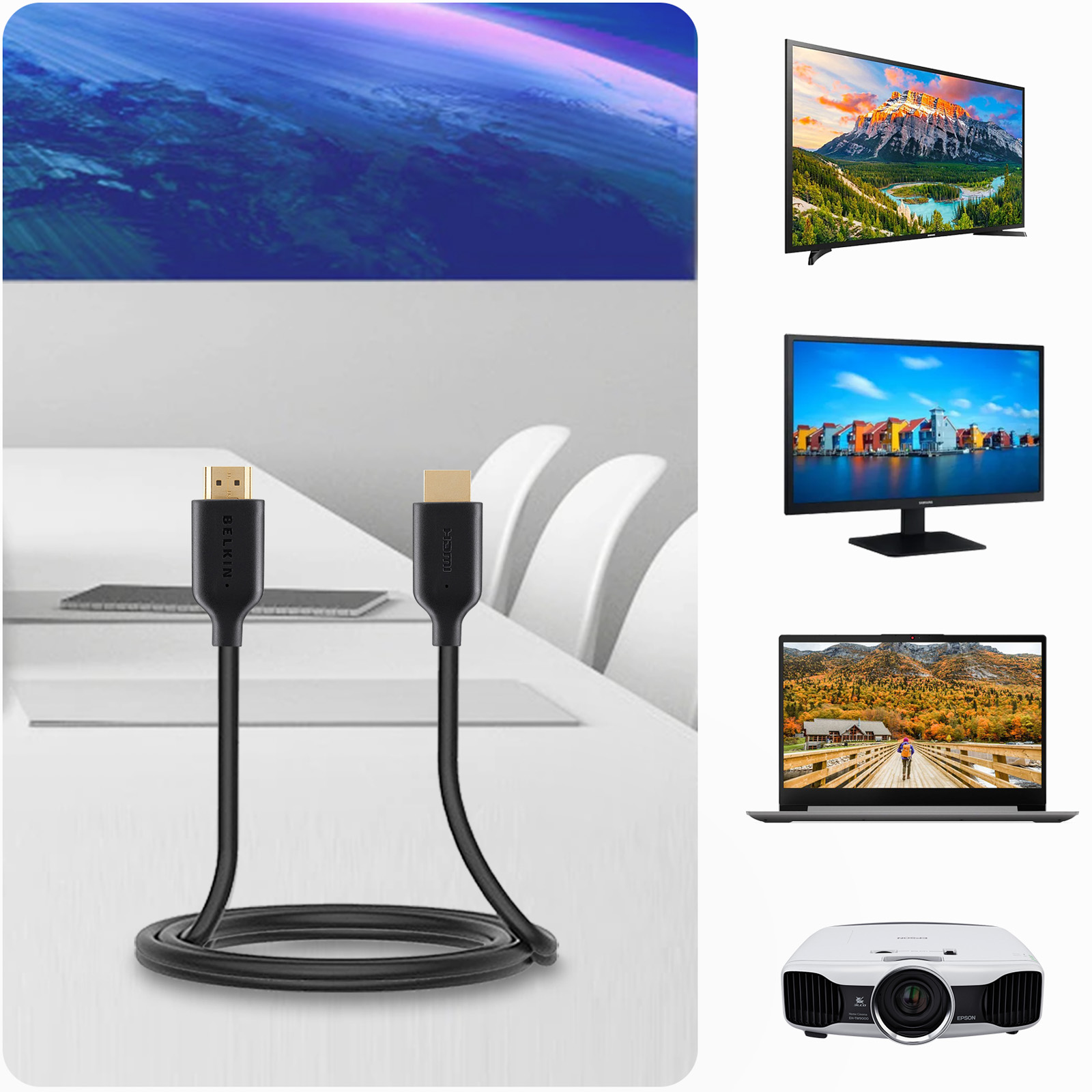Cavi HDMI neri su una scrivania con la Terra dallo spazio sullo schermo.