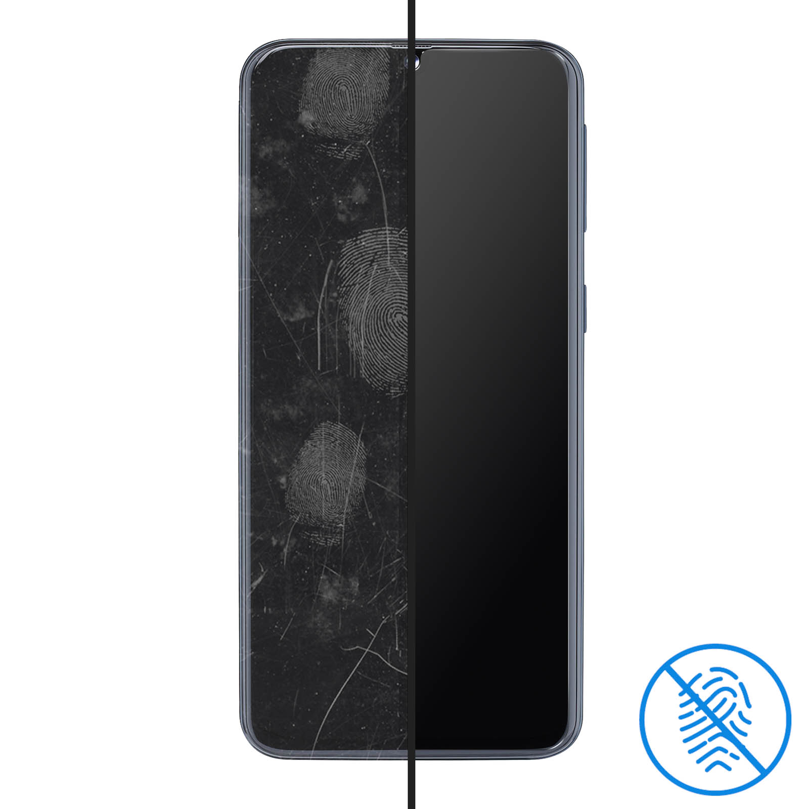 Lo schermo di un telefono mostra impronte digitali a sinistra e uno schermo pulito a destra, con un'icona anti-impronta digitale.