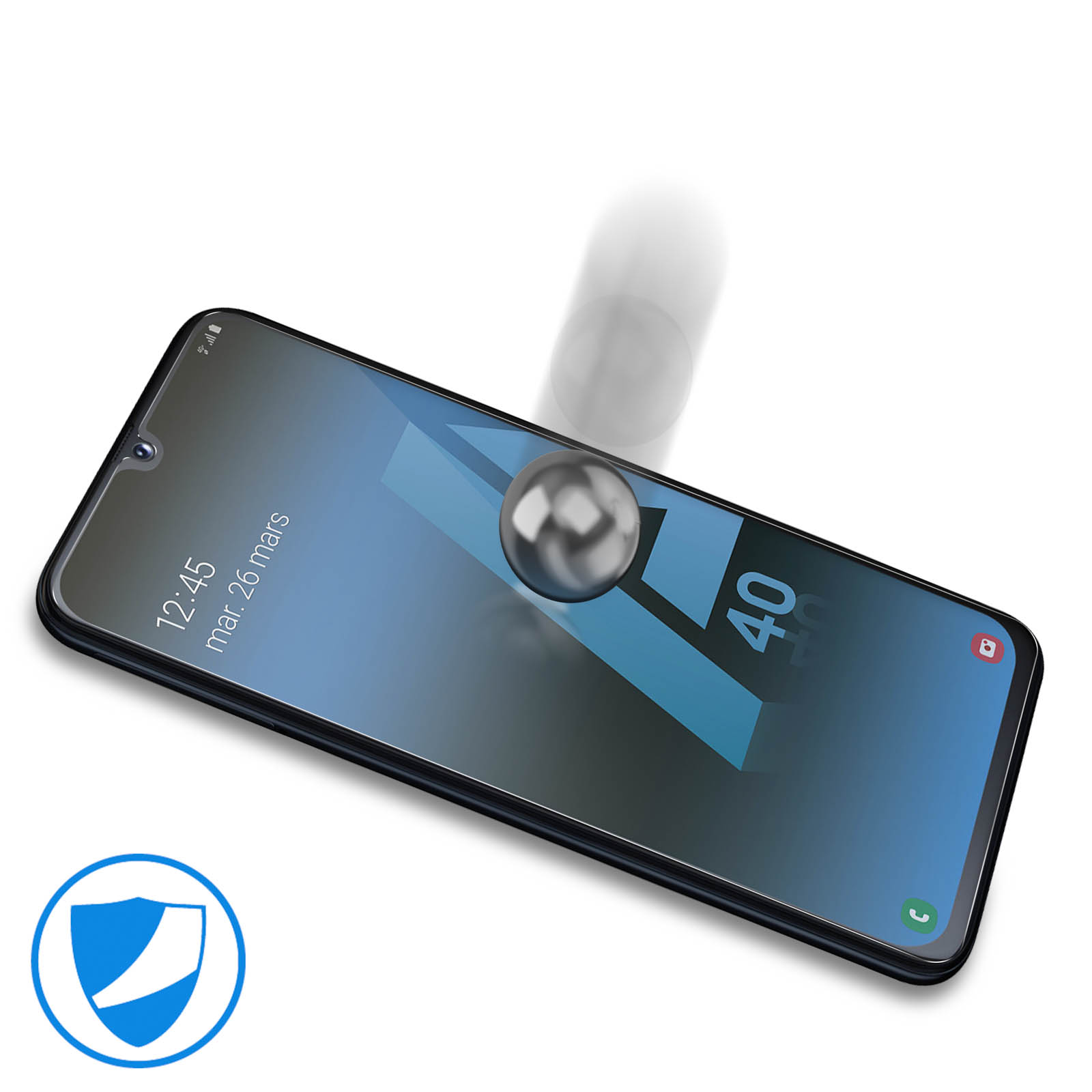 Uno schermo del telefono con una palla d'argento che ci cade sopra. Lo schermo mostra il logo del marchio.