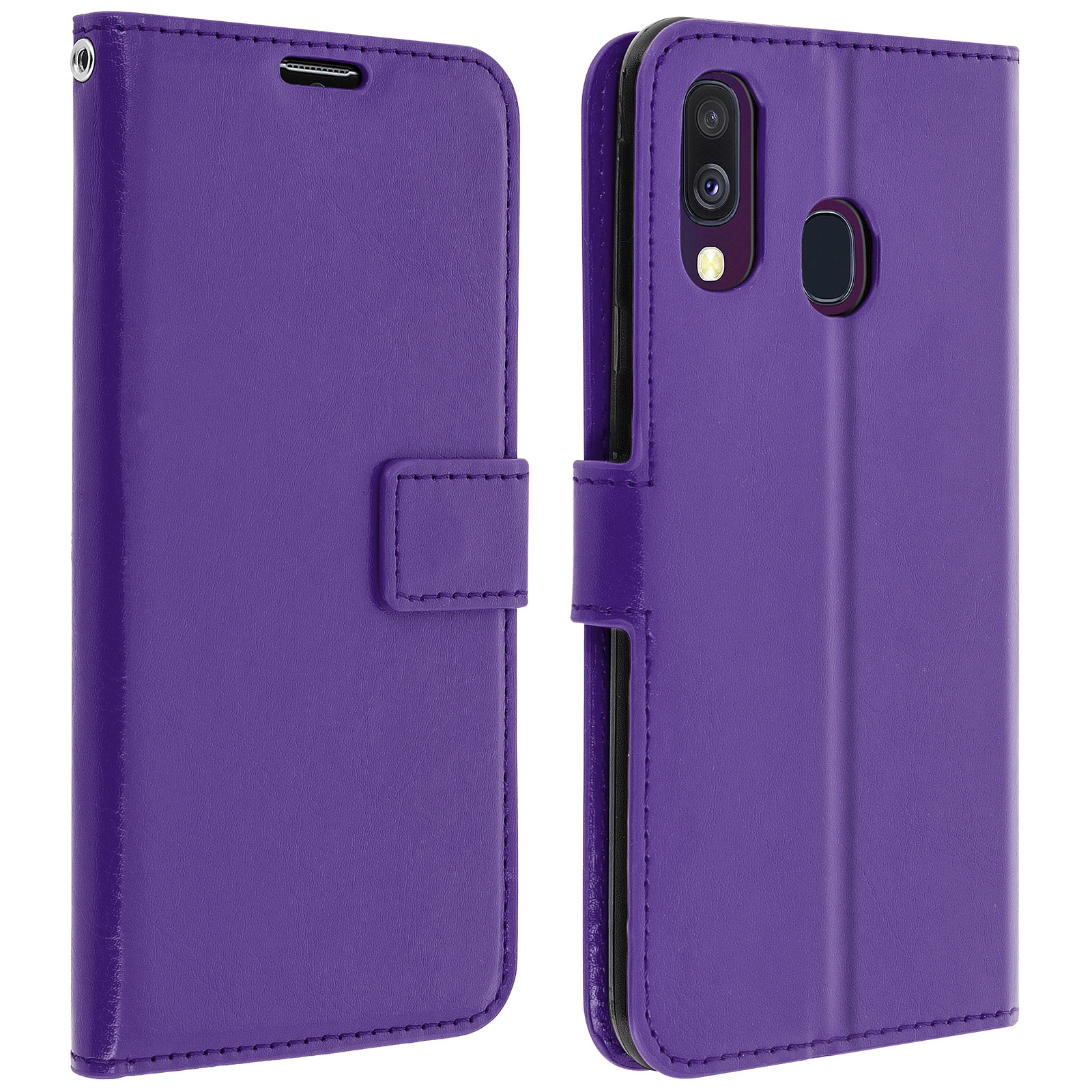 Paarse telefoonhoes, open en dicht, met een telefoon erin.