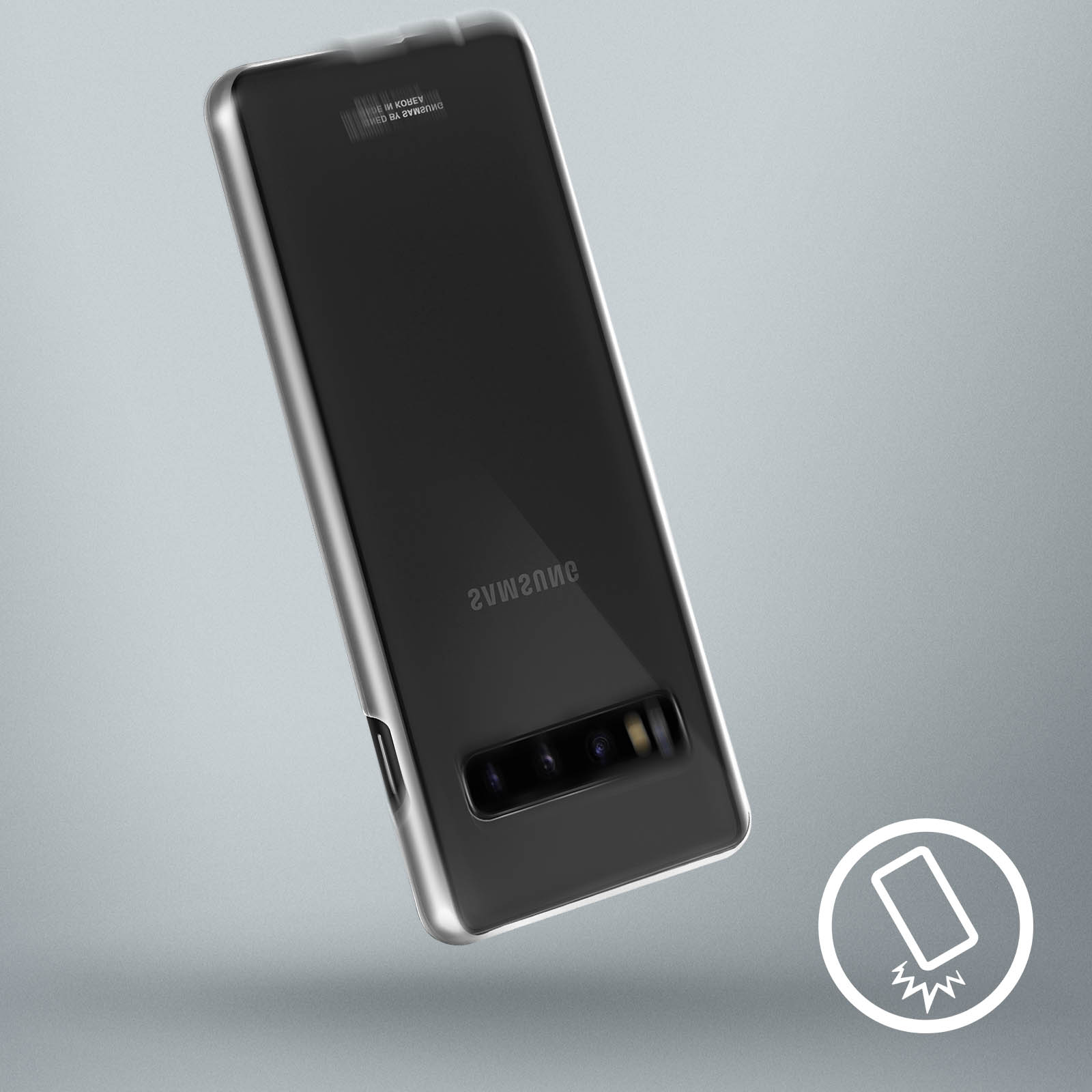 Telefono argento con fotocamera multi-obiettivo, retro rivolto verso l'alto.