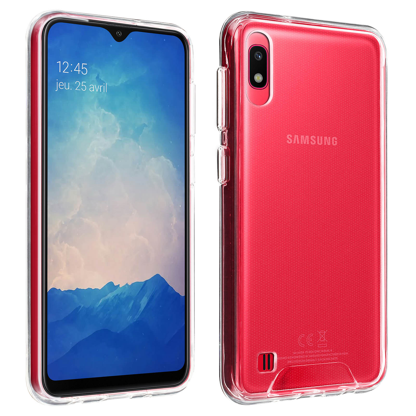 Étui de téléphone rouge avec un téléphone à l'intérieur, montrant l'écran. L'étui est transparent.