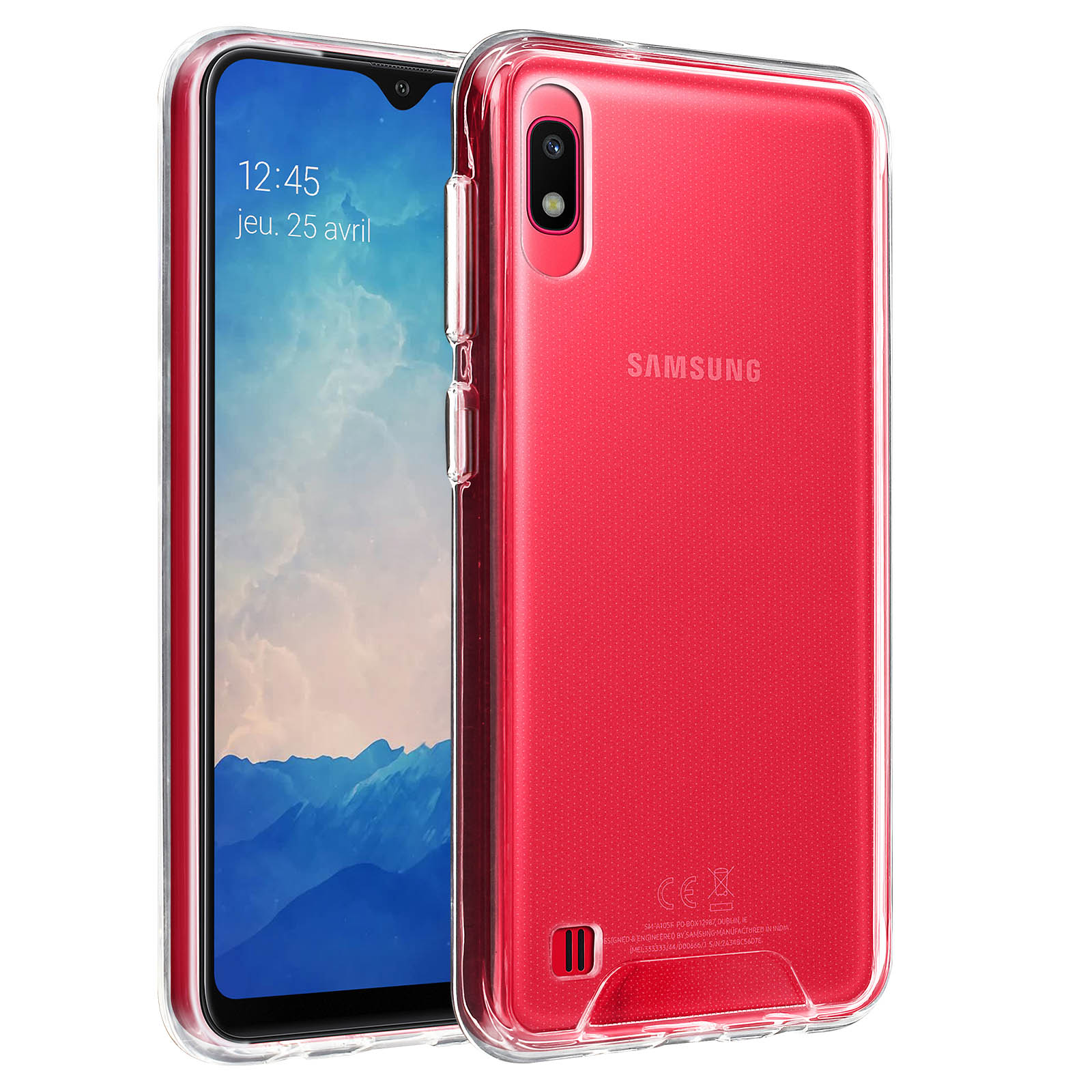 Téléphone rouge dans une coque transparente. Le téléphone dispose d'une configuration à triple caméra.
