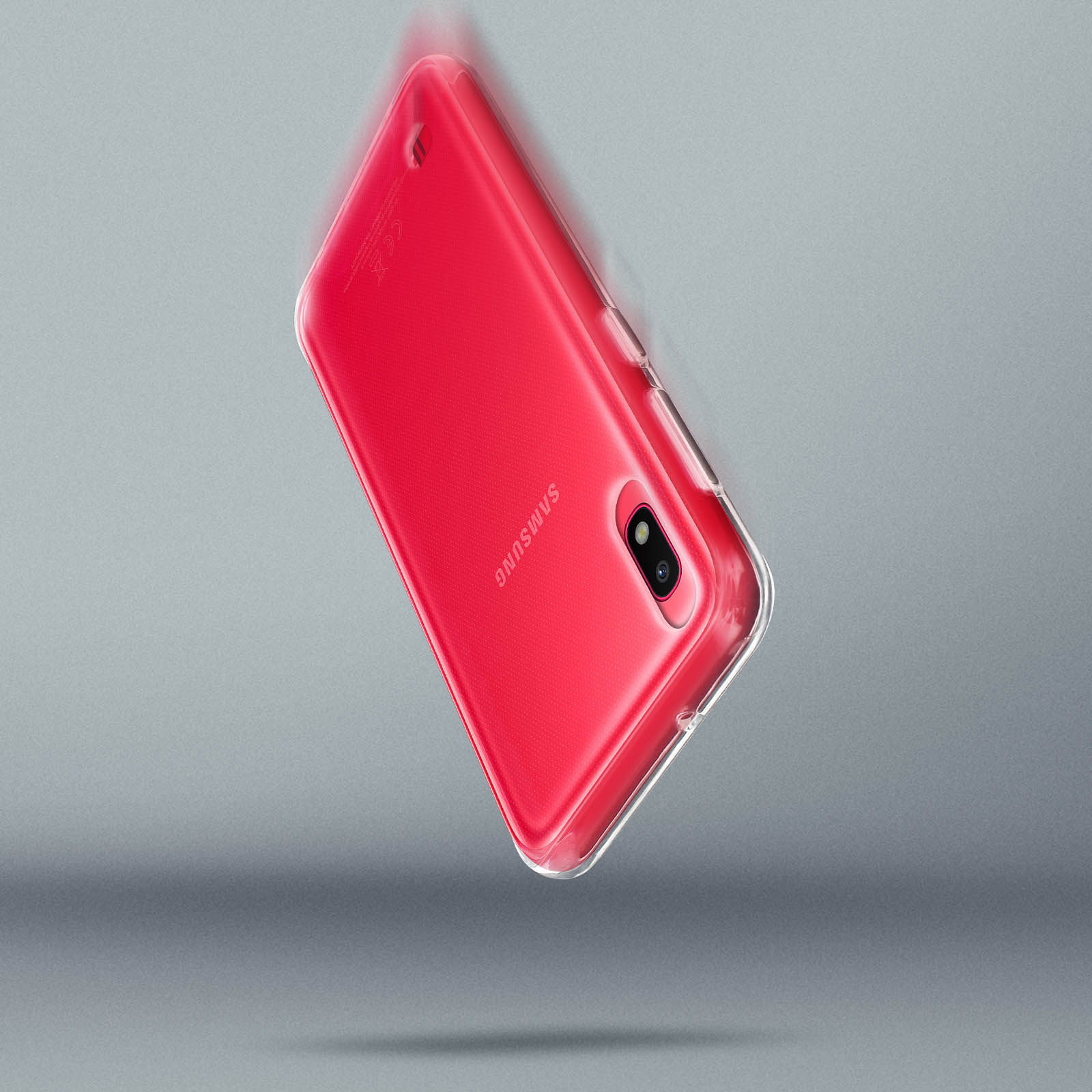 Une coque de téléphone rouge en l'air sur fond gris. Le logo Samsung est visible.