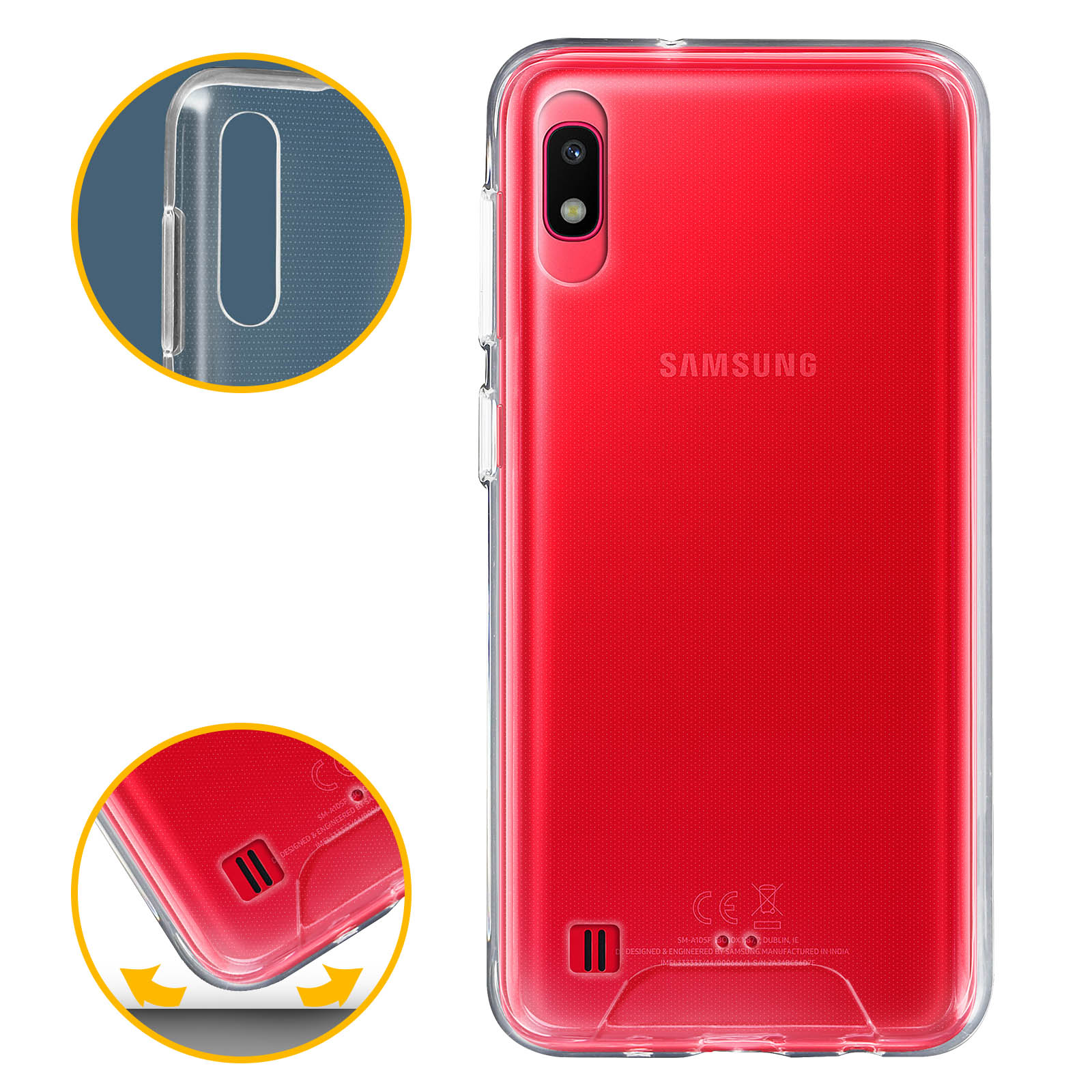 Téléphone rouge sur une coque transparente avec des détails dans le coin. L'étui est transparent.