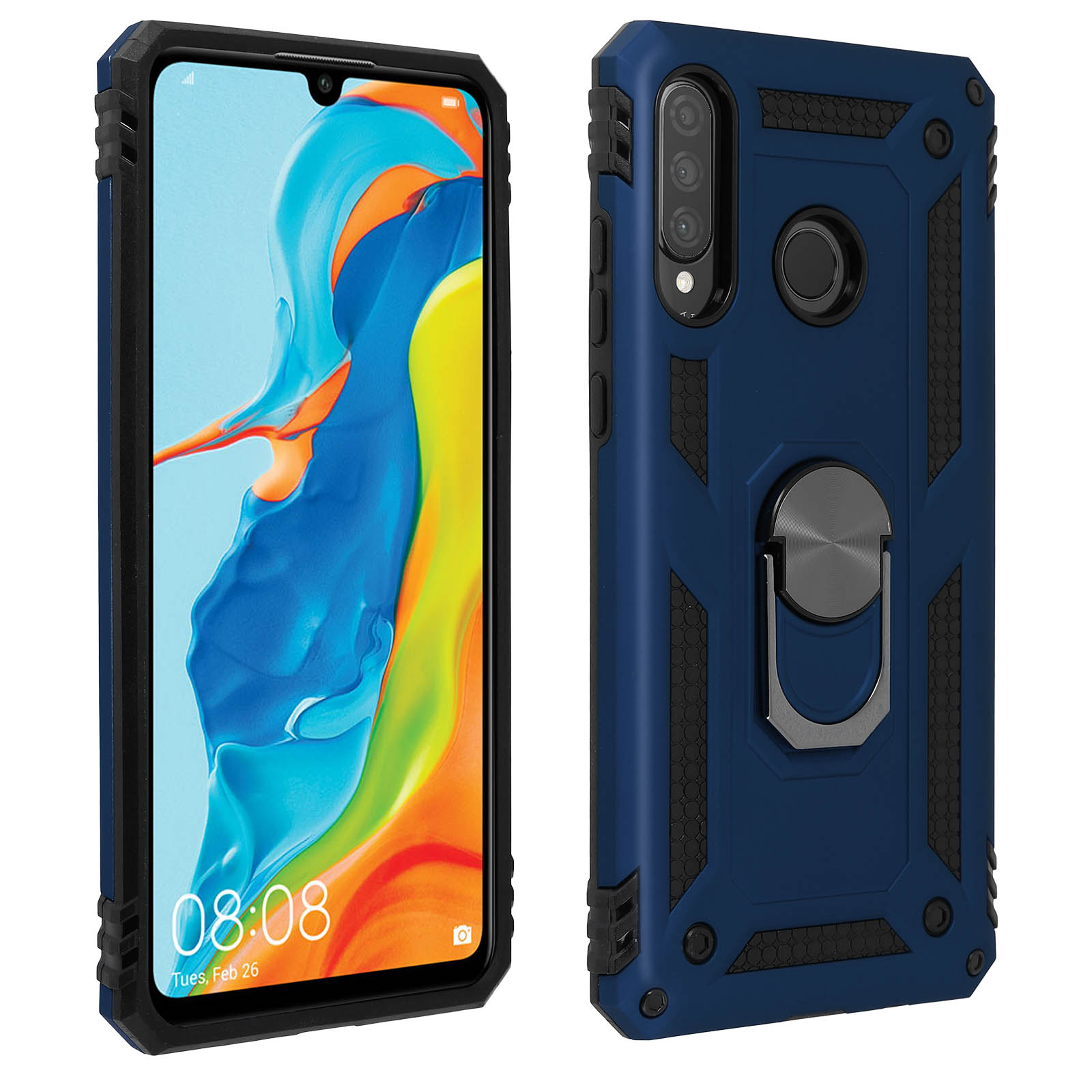 Un téléphone bleu avec un étui noir. L'étui a un support en anneau. L'écran affiche l'heure et la date.