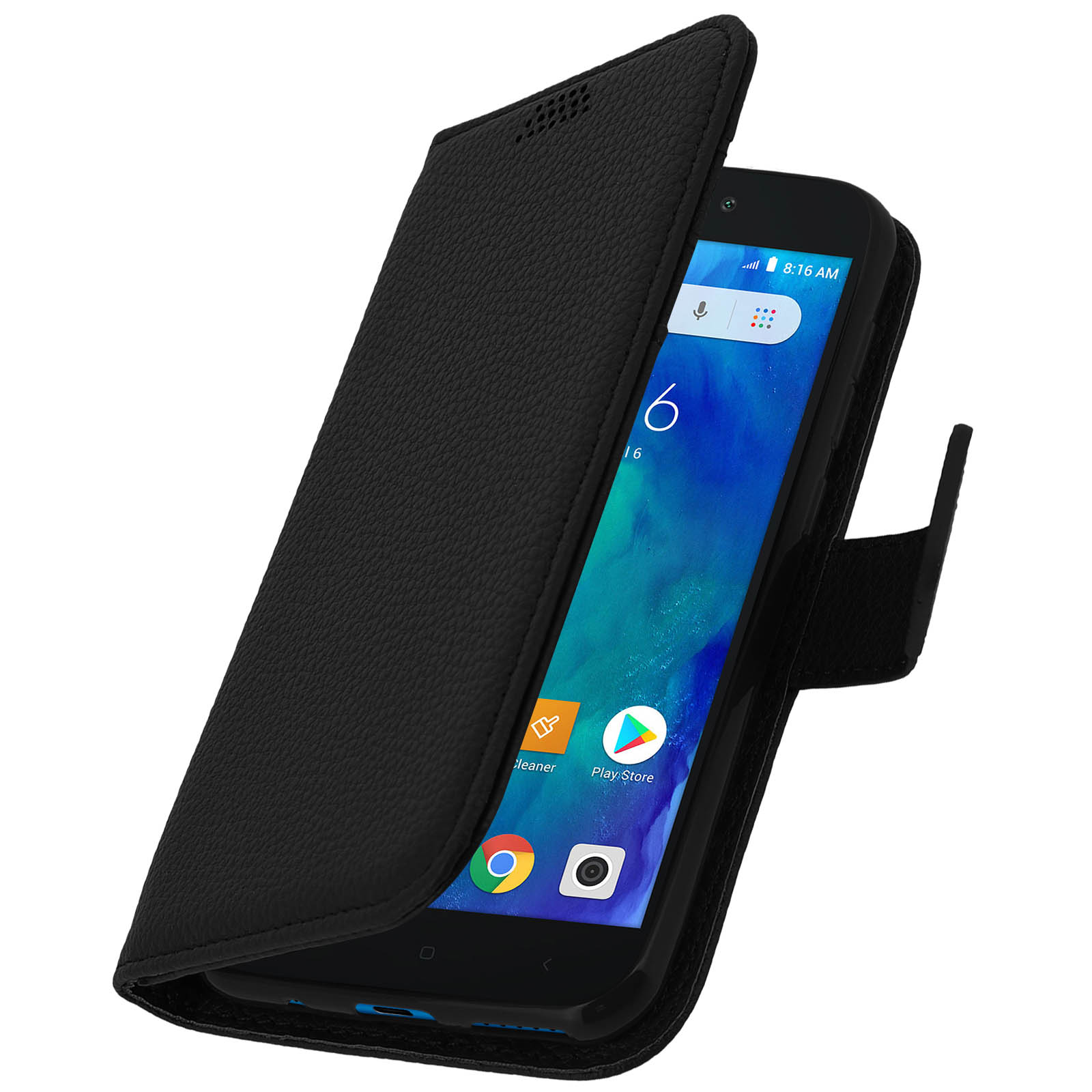 Un telefono nero in una custodia nera. Lo schermo del telefono è visibile e mostra la schermata iniziale.