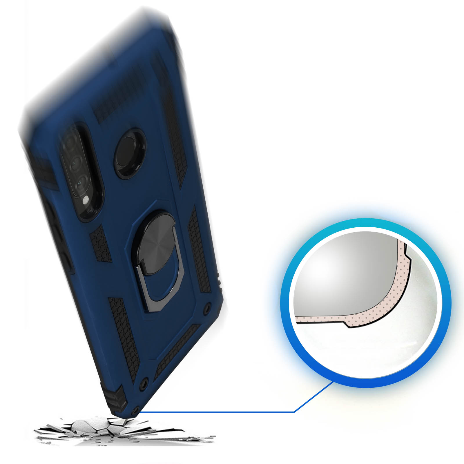 Étui de téléphone bleu. Un téléphone est à l'intérieur. L'étui a un anneau. Le téléphone est sur une surface blanche.