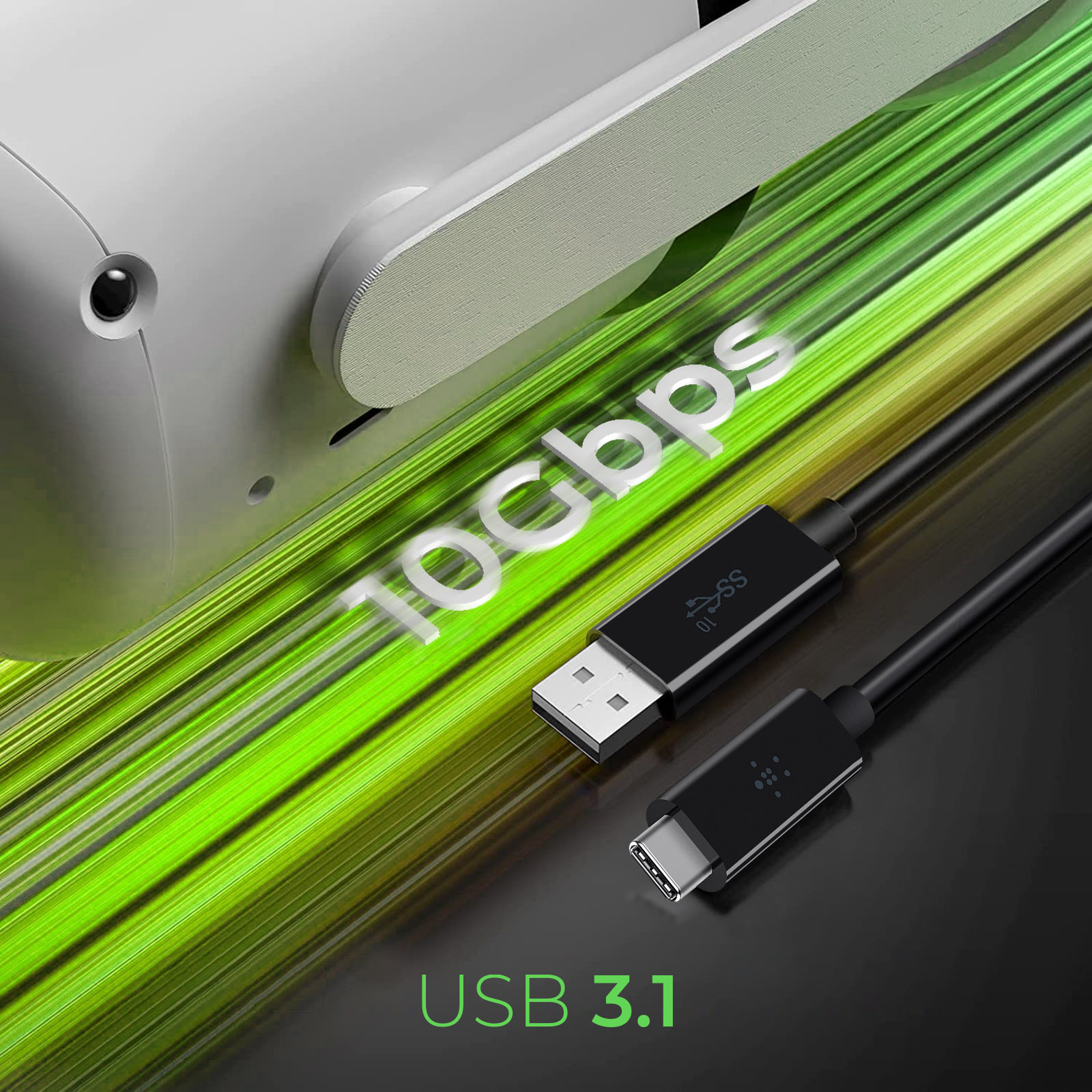 Two USB cables with a black and a USB-C connector. The text '10Gbps' and 'USB 3.1' are visible.