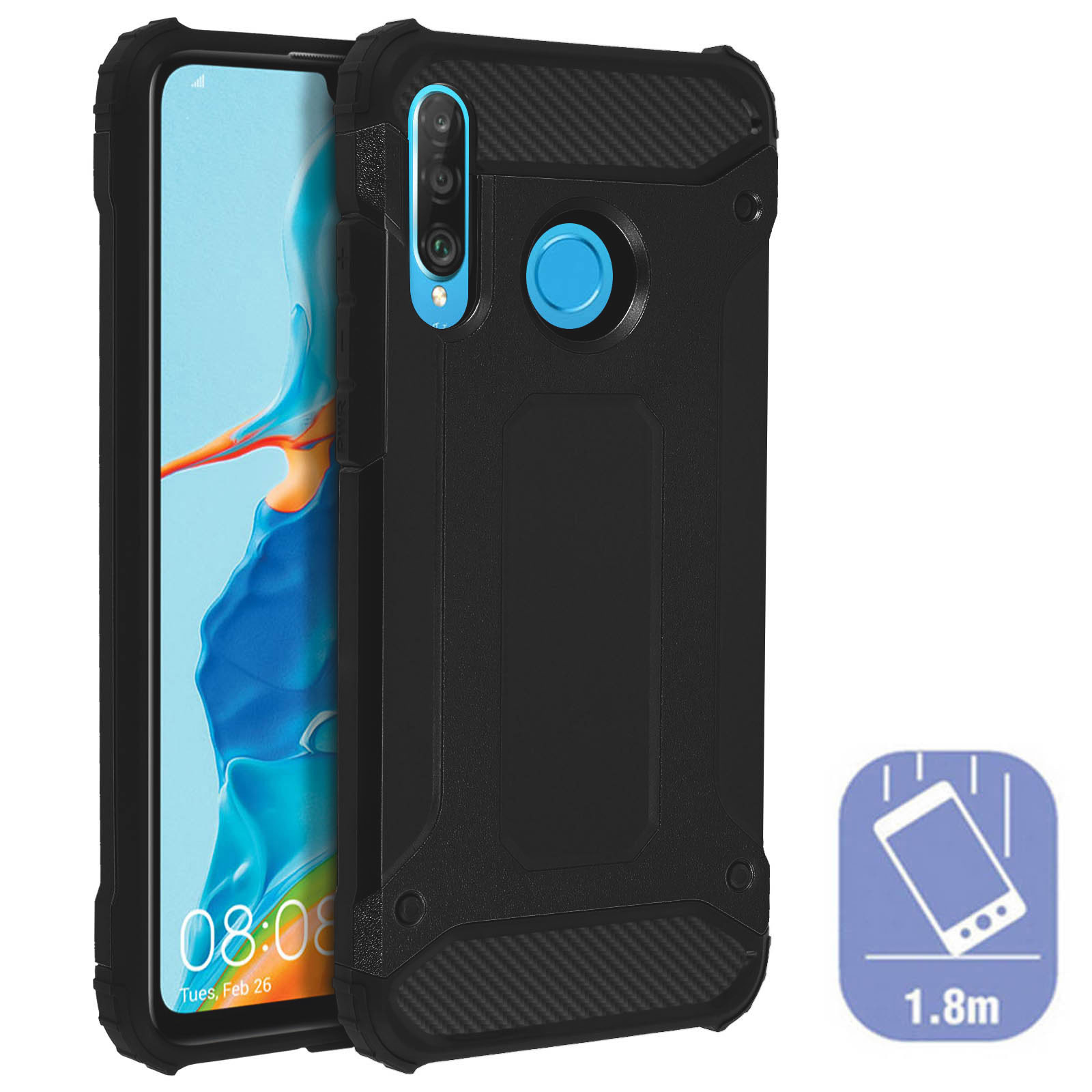 Custodia per telefono nera, che mostra un telefono con fotocamera e pulsante blu. Design protettivo.