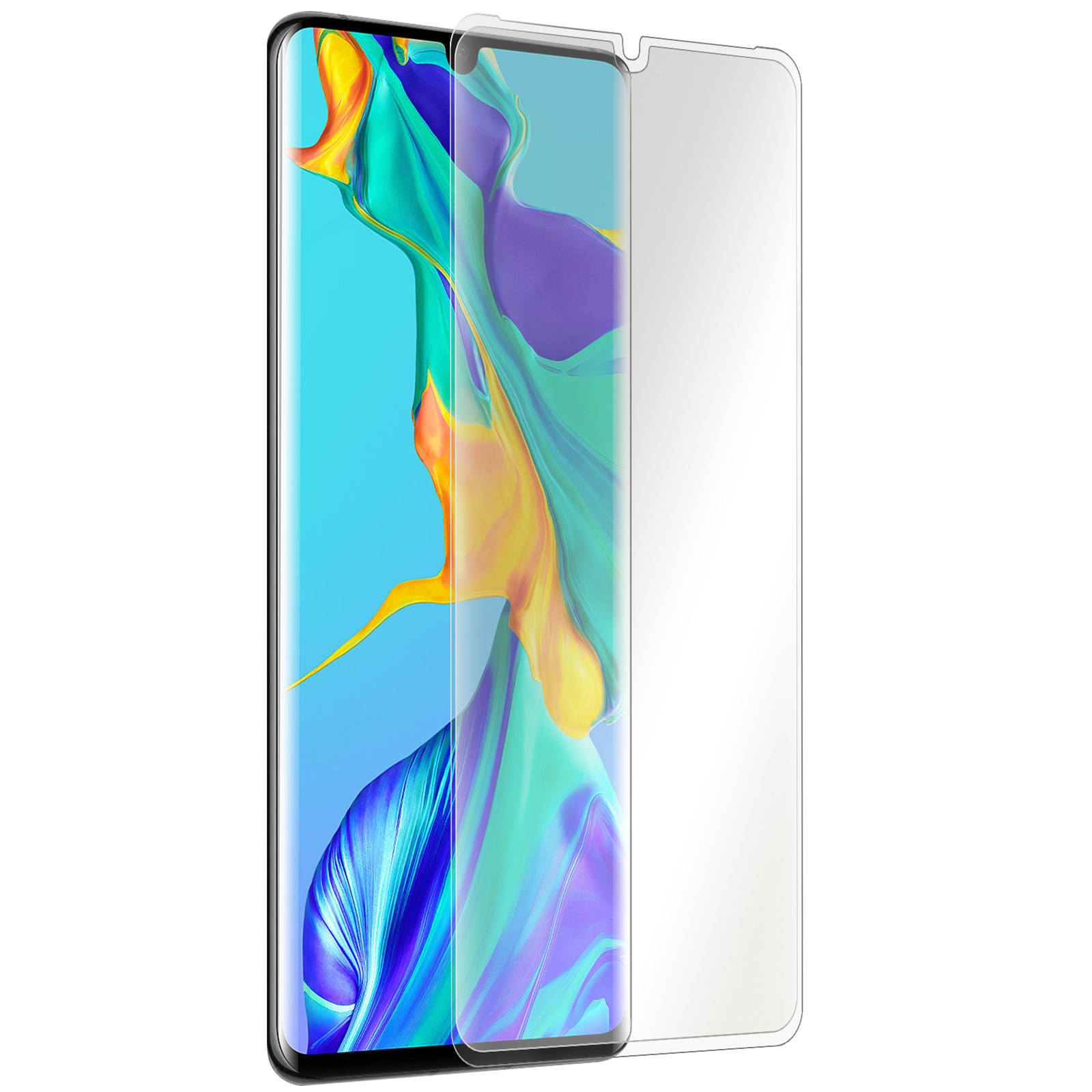 Telefono con protezione schermo, sfondo bianco.
