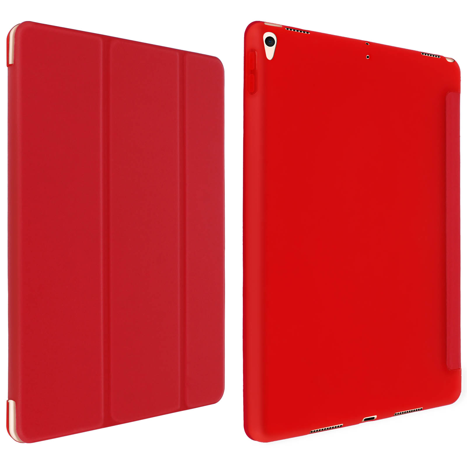 Due custodie iPad rosse, una chiusa, una aperta, entrambe mostrano superfici rosse.