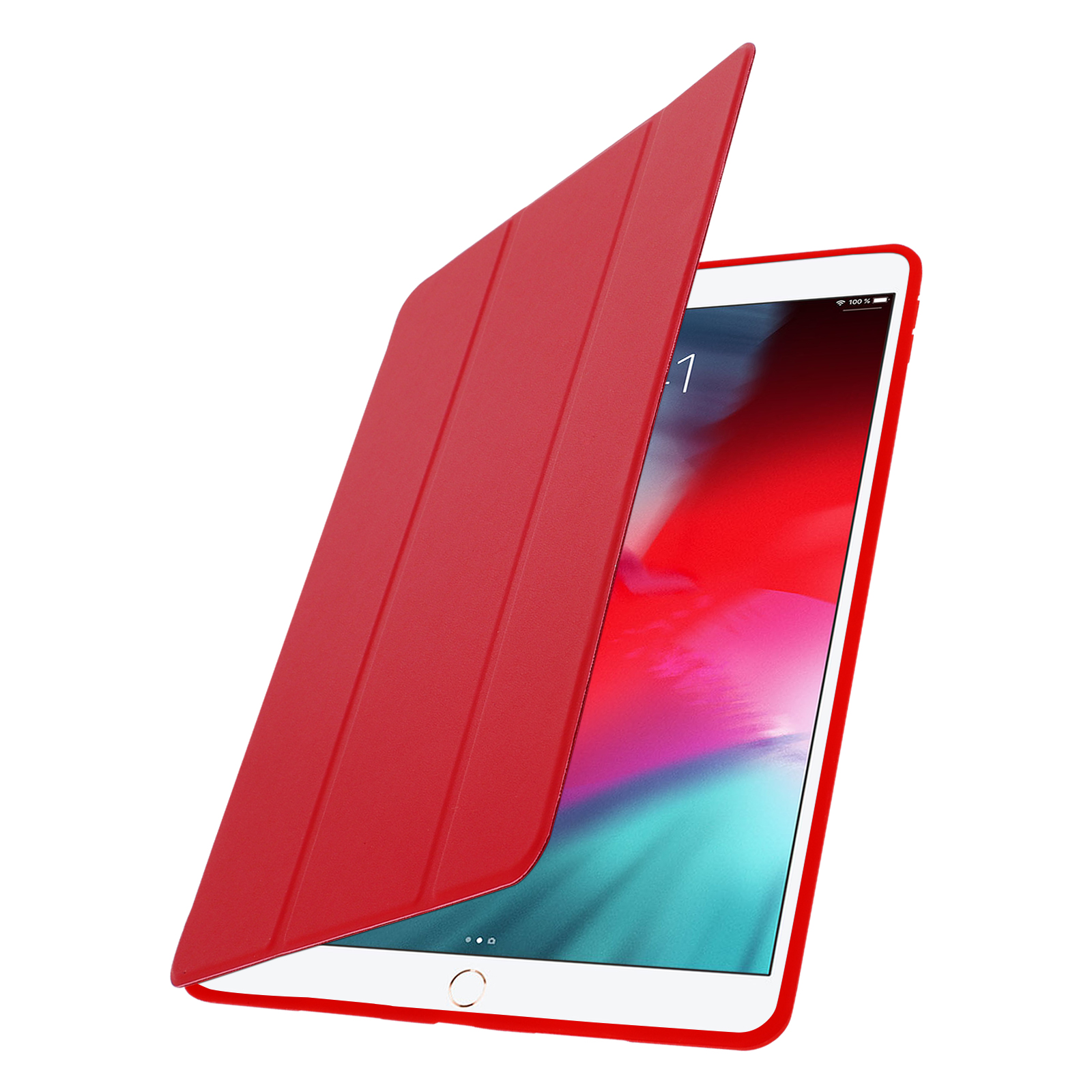 Tablet rosso con cover rossa, aperto. Sfondo bianco. La cover è aperta, il tablet è visibile.