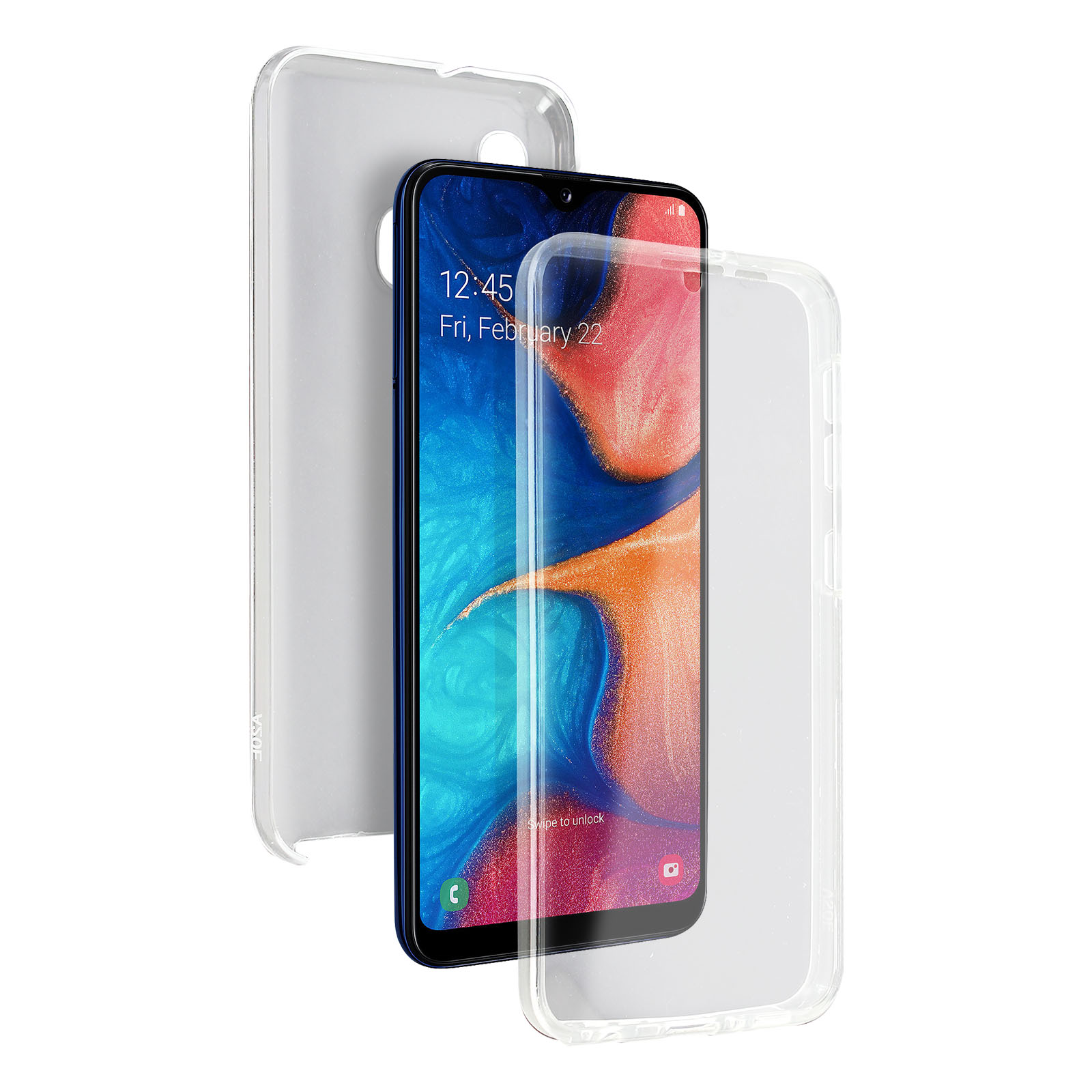 Telefono con custodia trasparente. Il telefono mostra uno sfondo colorato.