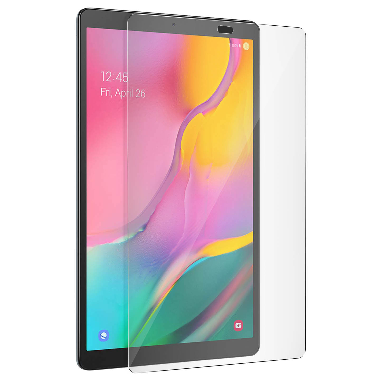 Tablette avec un protecteur d'écran. L'écran affiche un graphique coloré avec l'heure et la date.