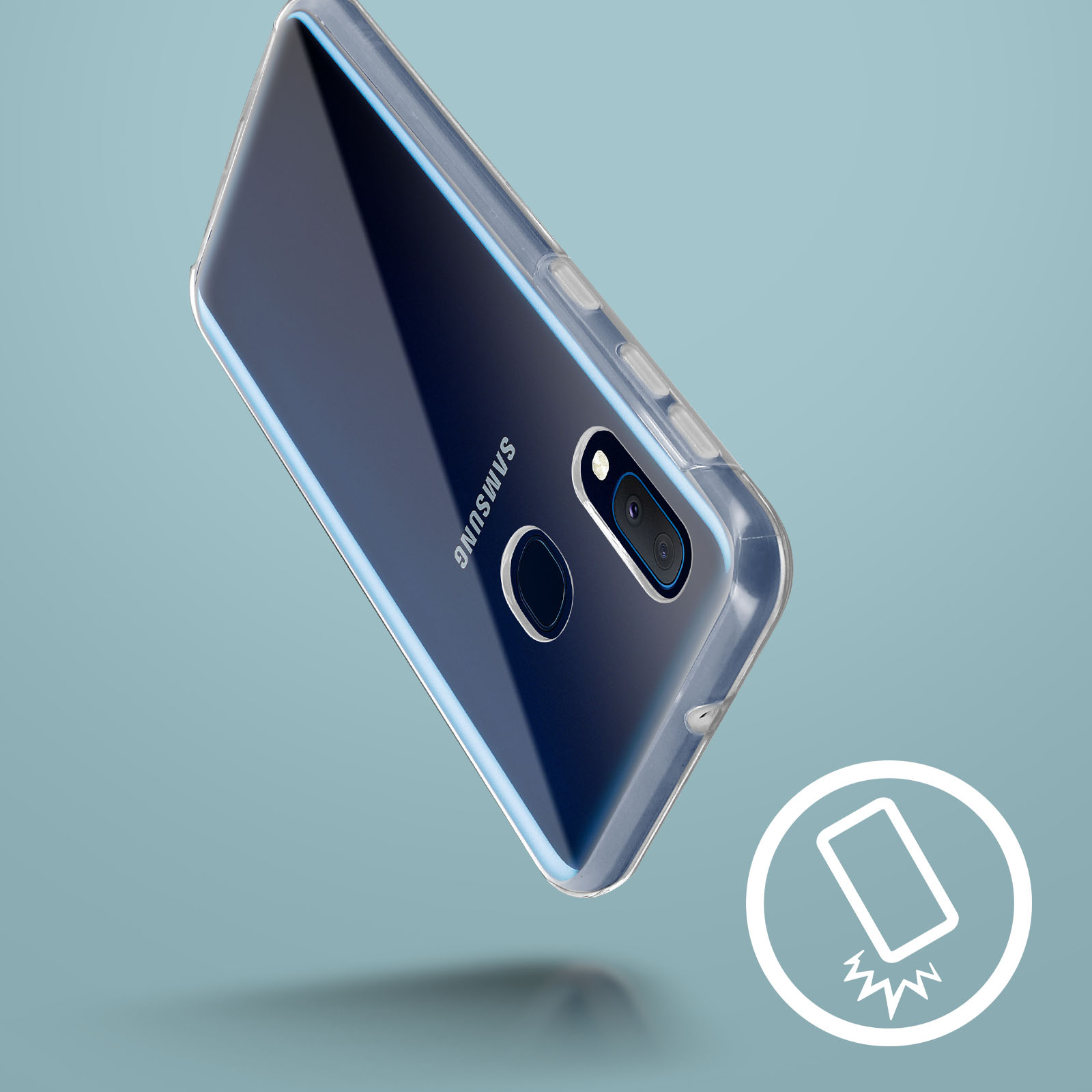 Un telefono in una custodia trasparente. Il telefono ha uno schermo blu scuro. C'è un simbolo di impatto.
