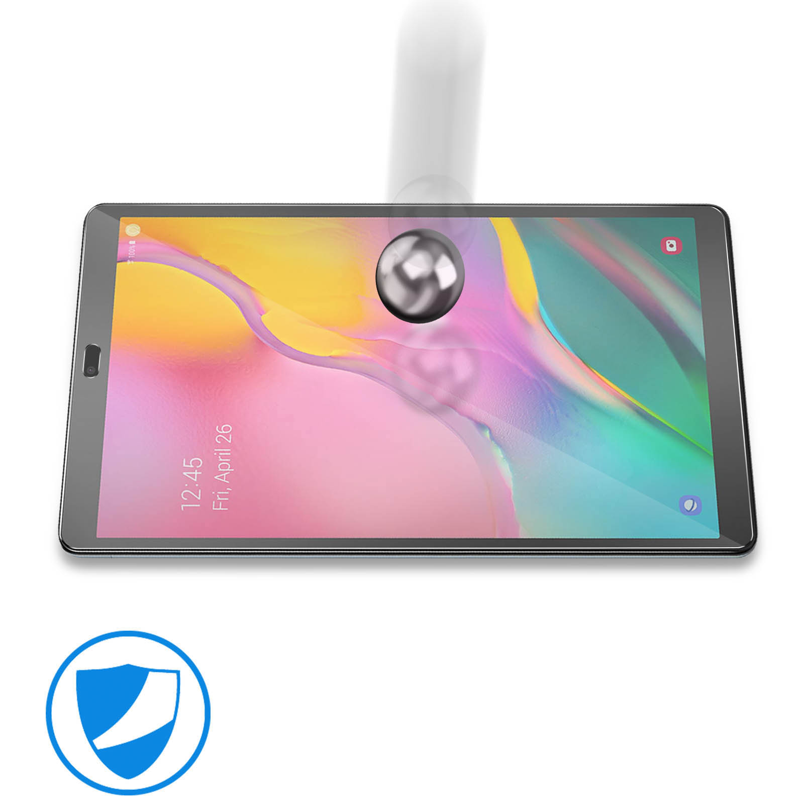 Protecteur d'écran de tablette avec impact, une balle tombe. Fond blanc.